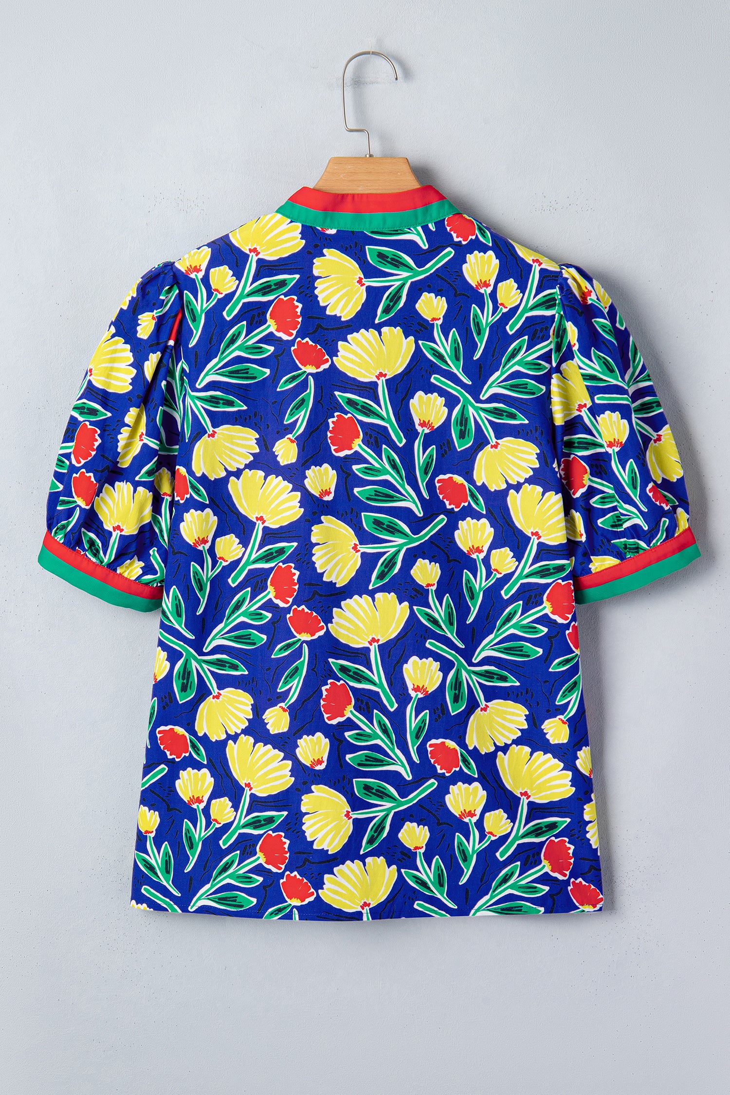 Blue Wild Floral Printed Contrast Striped Patchwork V Neck Short Sleeve Blouse-Tops/Blouses & Shirts-[Adult]-[Female]-2022 Online Blue Zone Planet