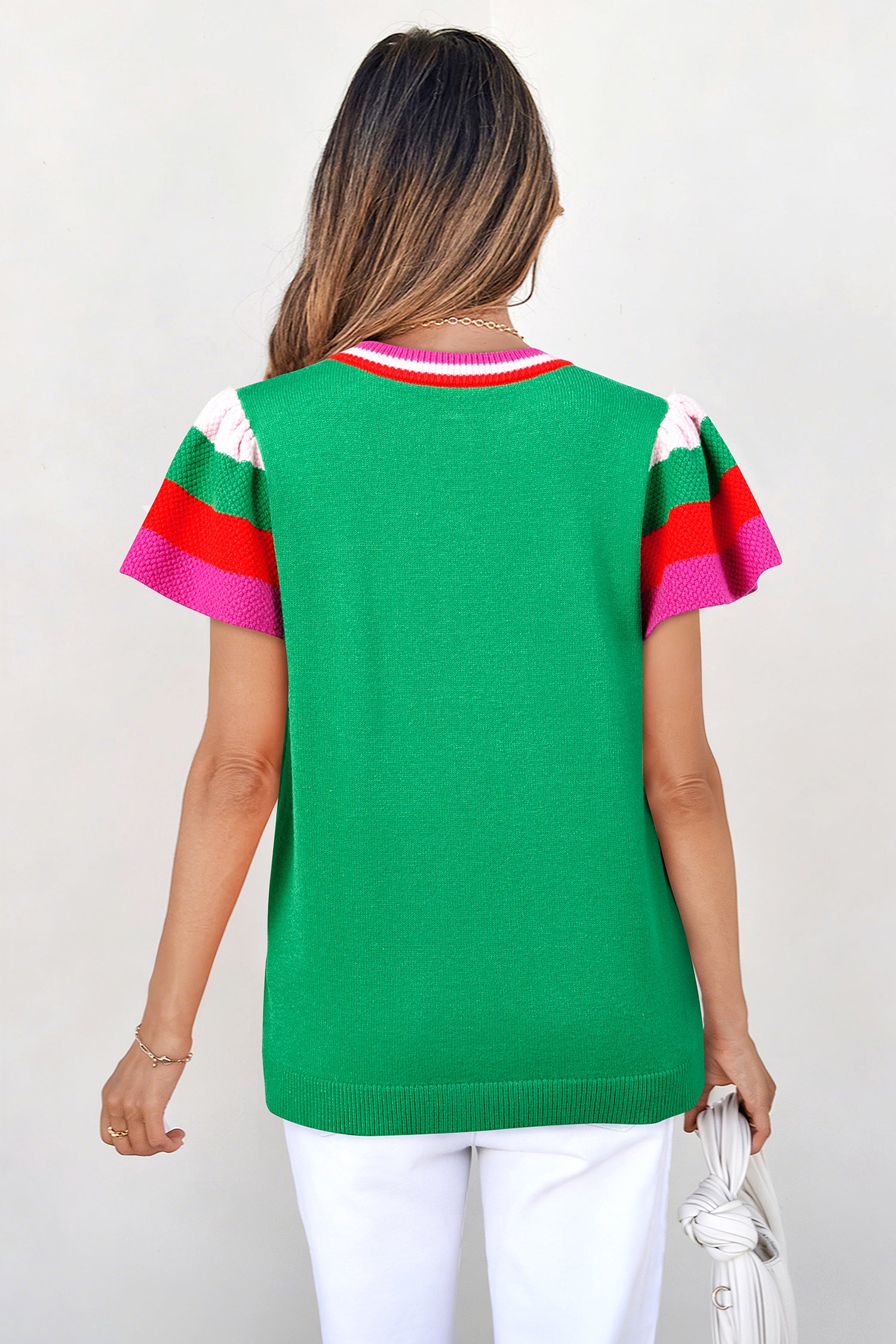 Bright Green Shiny Lucky Striped Flutter Sleeve Round Neck Sweater-Sweaters & Cardigans/Short Sleeve Sweaters-[Adult]-[Female]-2022 Online Blue Zone Planet
