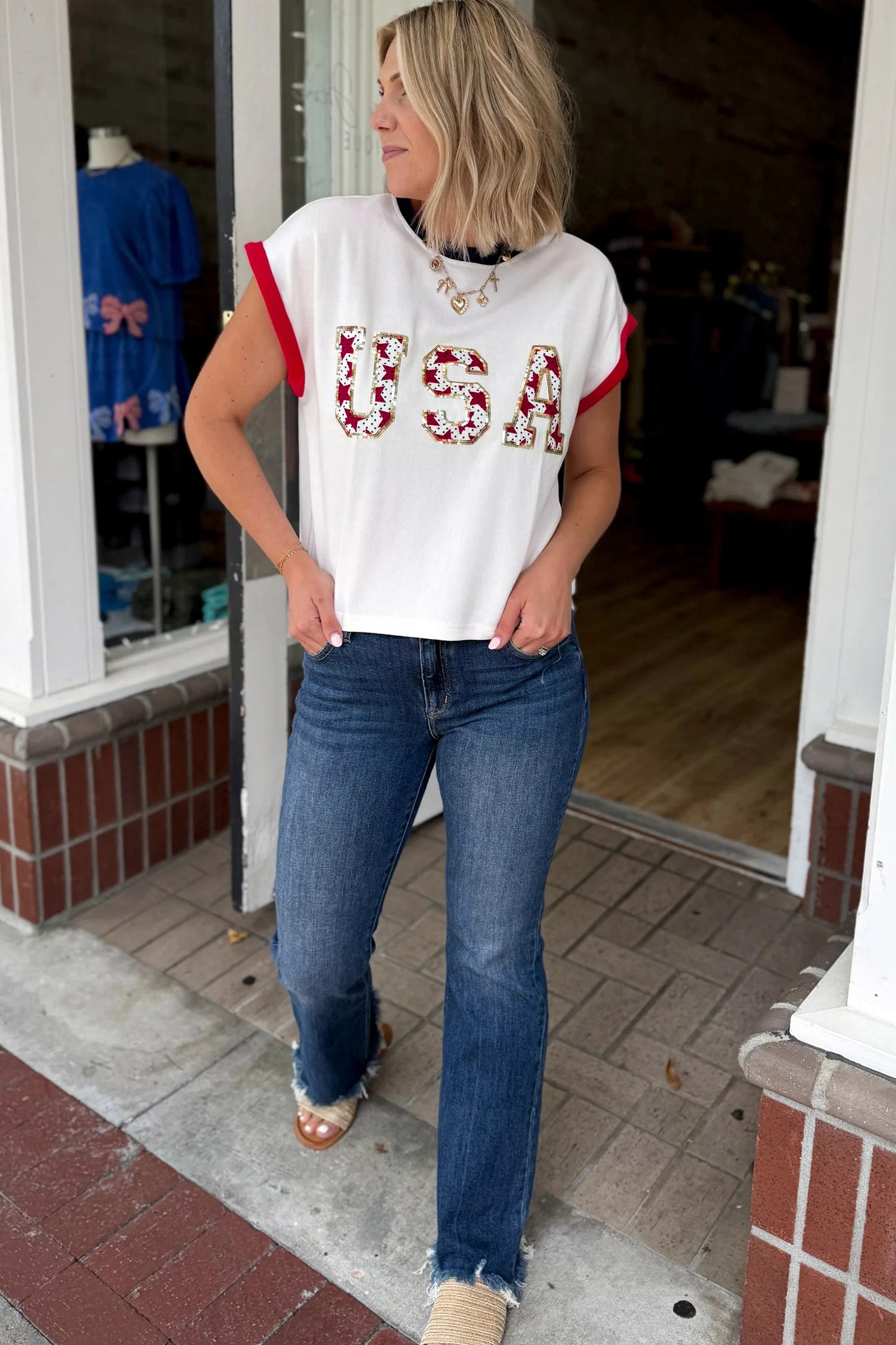 White Usa Sequin Color Block Trim Loose T Shirt-Tops/Tops & Tees-[Adult]-[Female]-2022 Online Blue Zone Planet