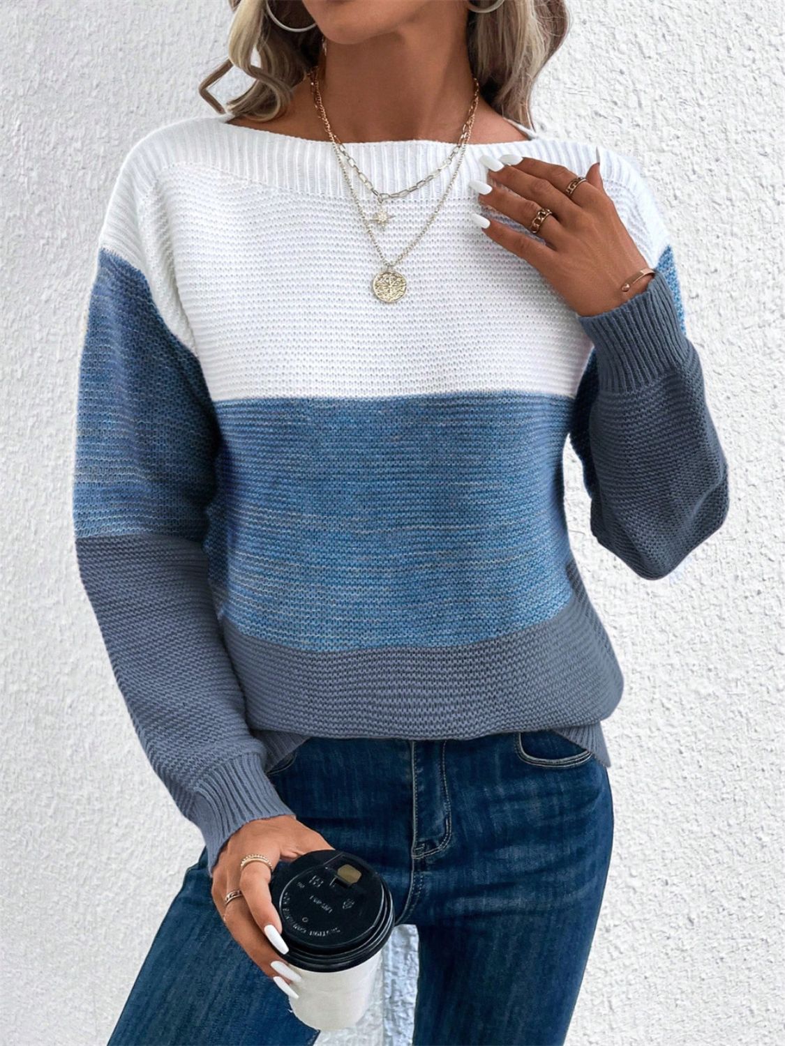 Blue Zone Planet | Color Block Drop Shoulder Long Sleeve Sweater-TOPS / DRESSES-[Adult]-[Female]-2022 Online Blue Zone Planet