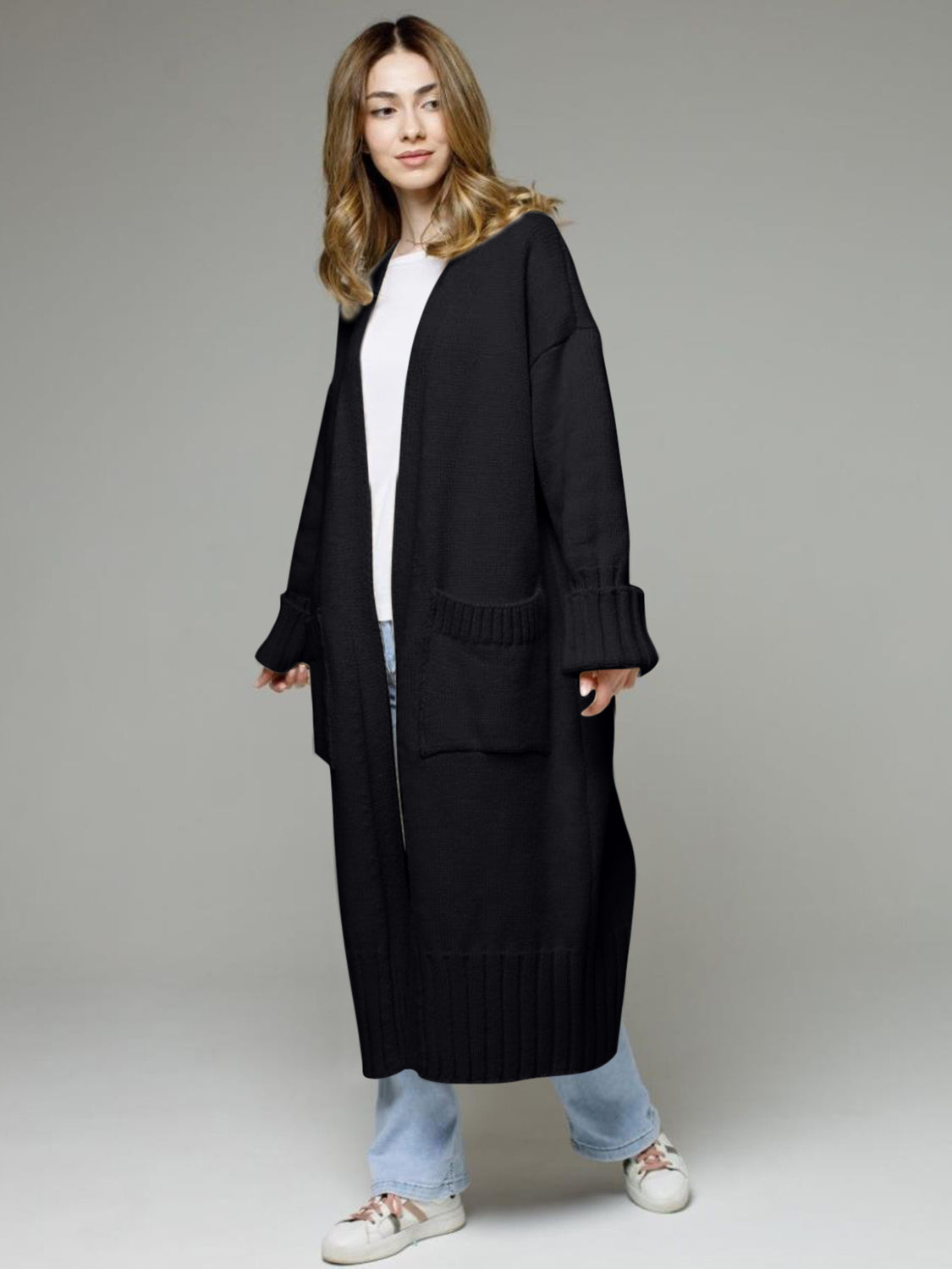 Pocketed Open Front Dropped Shoulder Cardigan-TOPS / DRESSES-[Adult]-[Female]-Black-One Size-2022 Online Blue Zone Planet