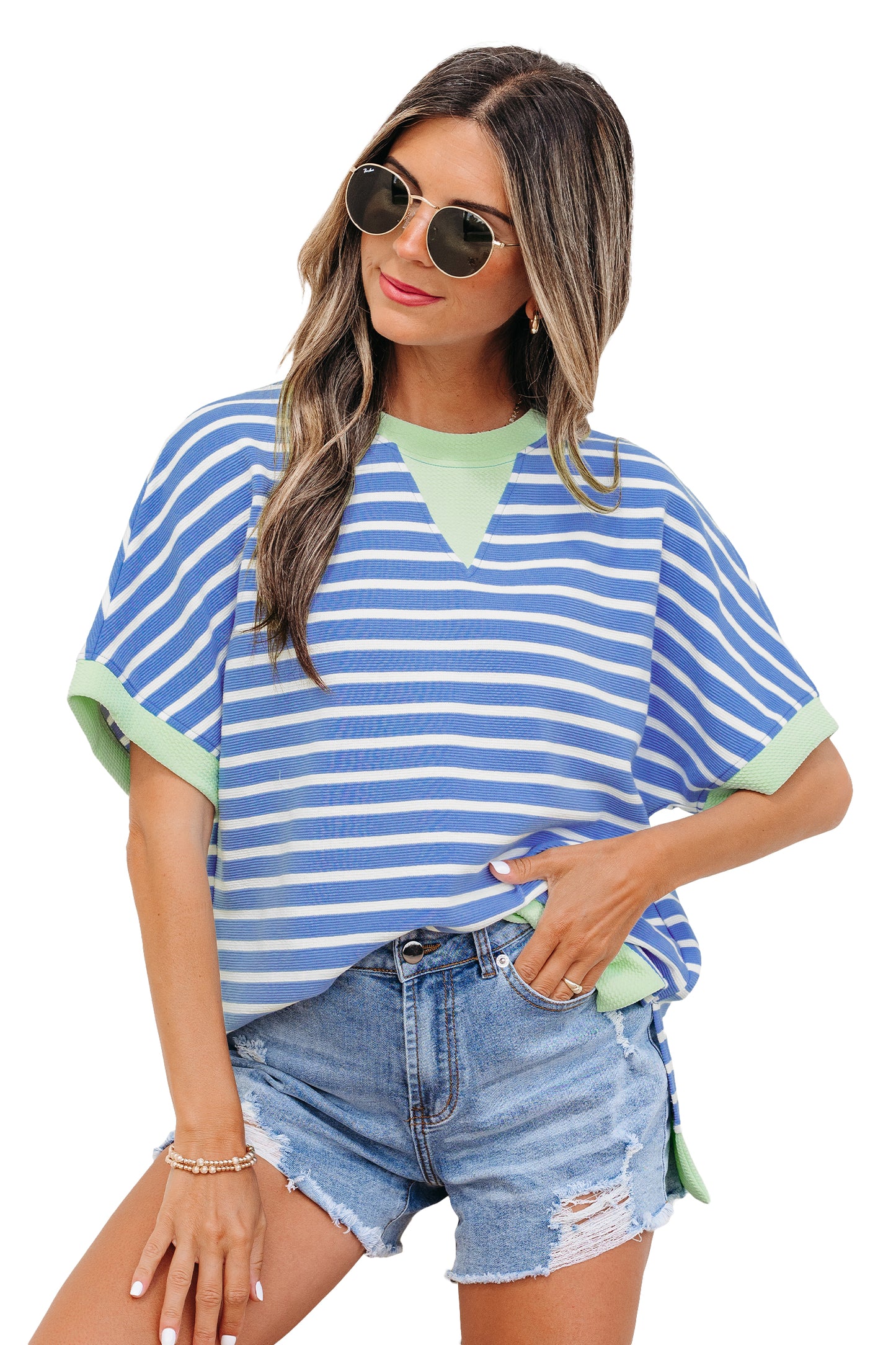 Pink Stripe Contrast Trim Loose Short Sleeve Top-Tops/Tops & Tees-[Adult]-[Female]-2022 Online Blue Zone Planet