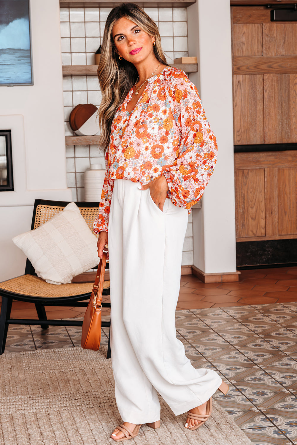 Orange Floral Print V Neck Long Puff Sleeve Top-Tops/Blouses & Shirts-[Adult]-[Female]-2022 Online Blue Zone Planet