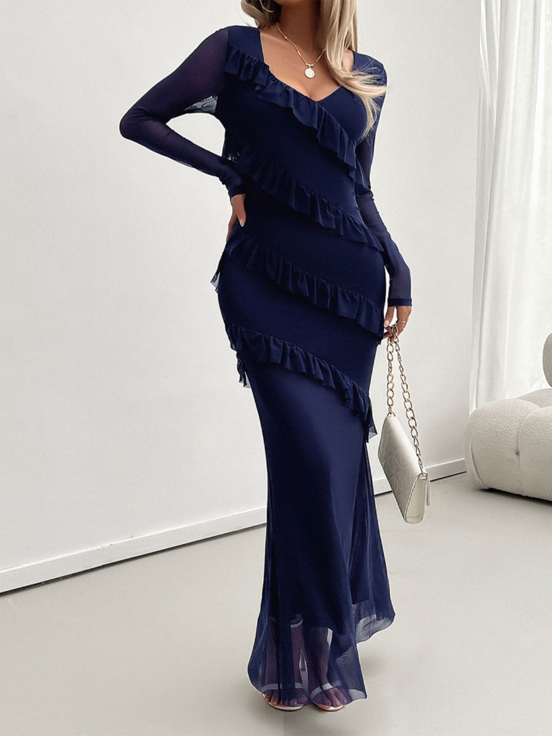 Devine Ruffled Surplice Long Sleeve Maxi Dress-TOPS / DRESSES-[Adult]-[Female]-Dark Blue-S-2022 Online Blue Zone Planet