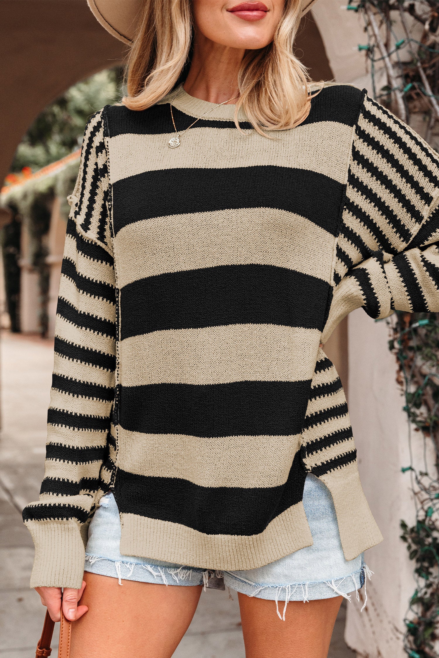 Brown Stripe Drop Shoulder Sleeve Patchwork Baggy Sweater-TOPS / DRESSES-[Adult]-[Female]-2022 Online Blue Zone Planet