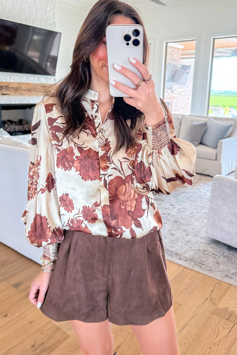 Brown Floral Print Button Down Poet Sleeve Shirt-Tops/Blouses & Shirts-[Adult]-[Female]-2022 Online Blue Zone Planet