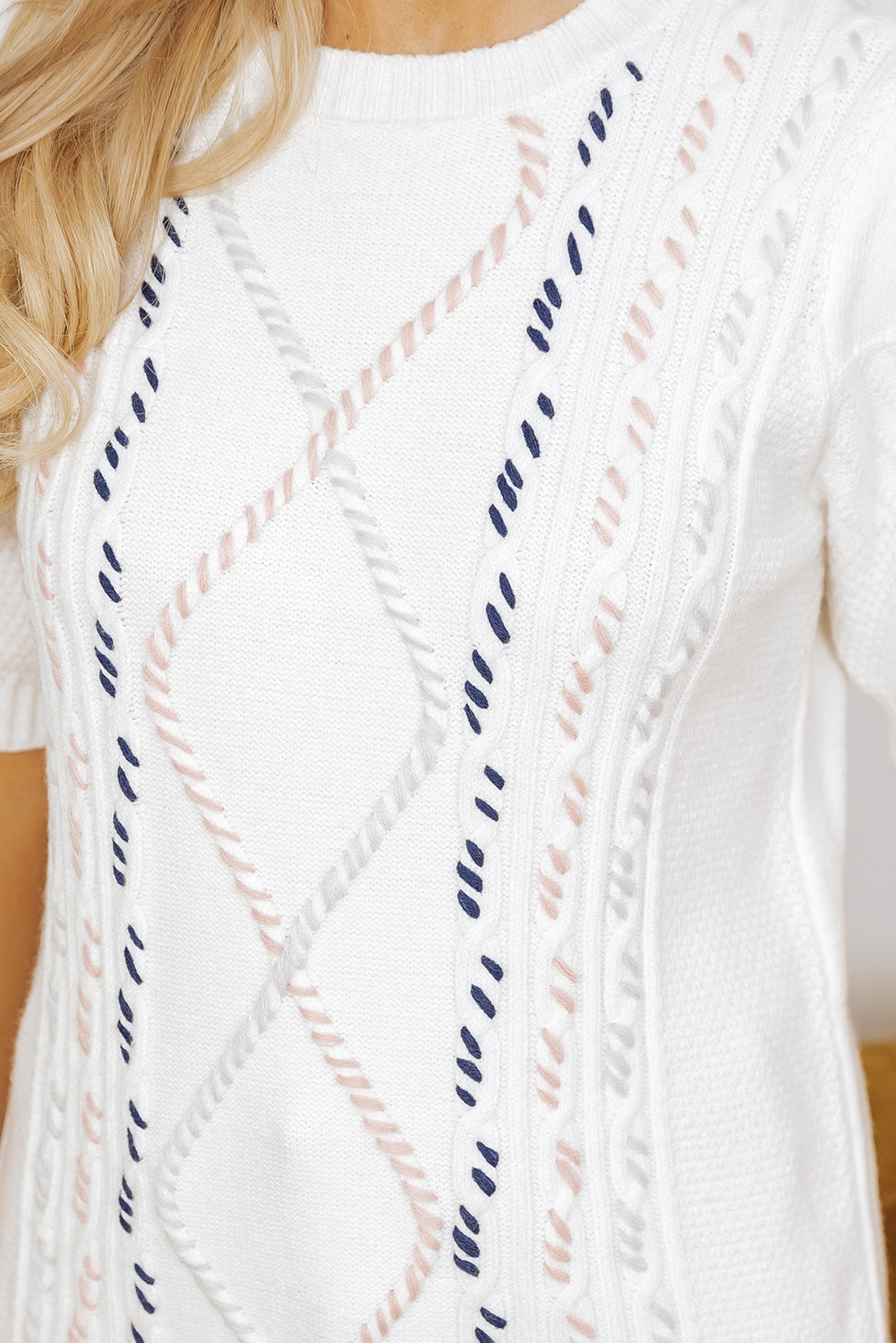 Blue Zone Planet | White Multicolor Stitch Detail Cable Knit Short Sleeve Sweater-Sweaters & Cardigans/Short Sleeve Sweaters-[Adult]-[Female]-2022 Online Blue Zone Planet