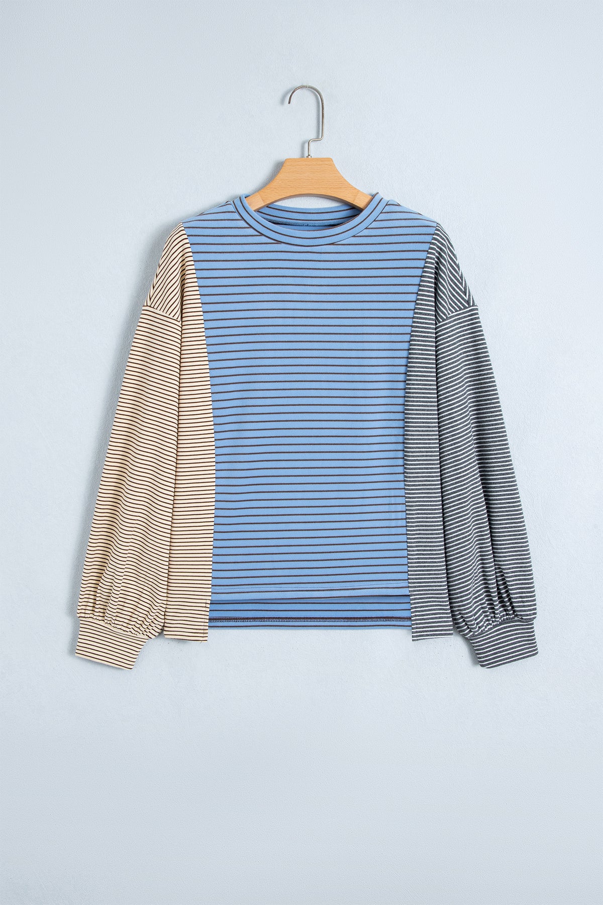 Sky Blue Stripe Color Block Contrast Long Sleeve Round Neck Casual Shift Pullover-Tops/Long Sleeve Tops-[Adult]-[Female]-2022 Online Blue Zone Planet