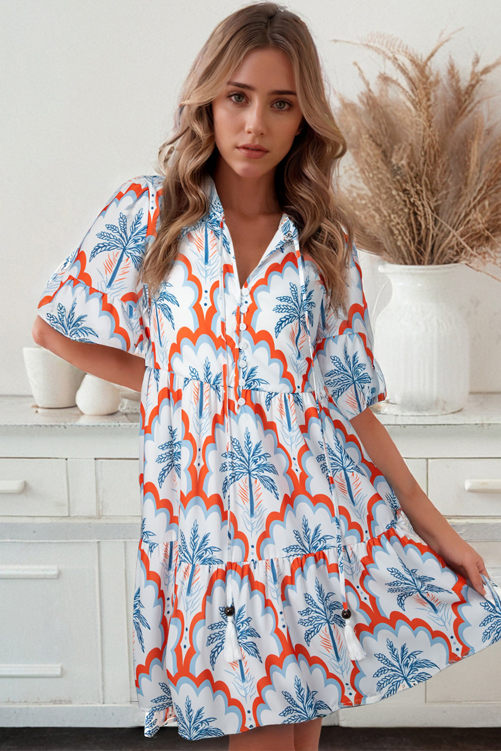 Orange Contrast Palm Tree Printed Short Sleeve Flowy Dress-Dresses/Mini Dresses-[Adult]-[Female]-2022 Online Blue Zone Planet