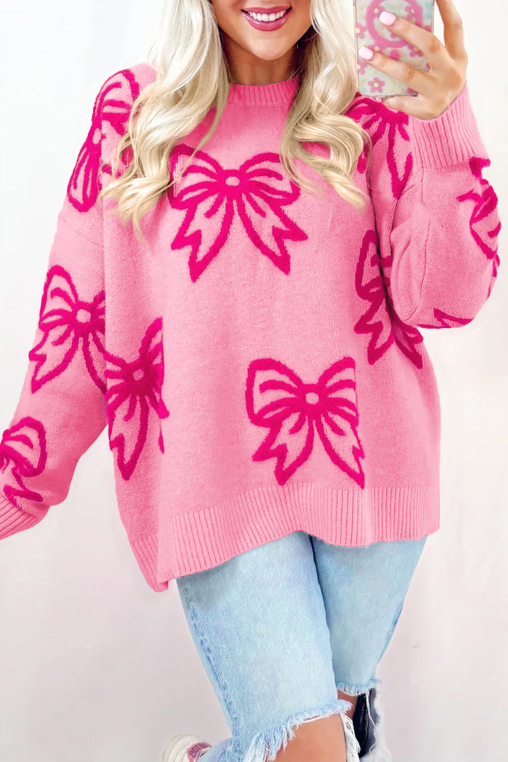 Blue Zone Planet |  Pink Bow Pattern Drop Shoulder Loose Sweater