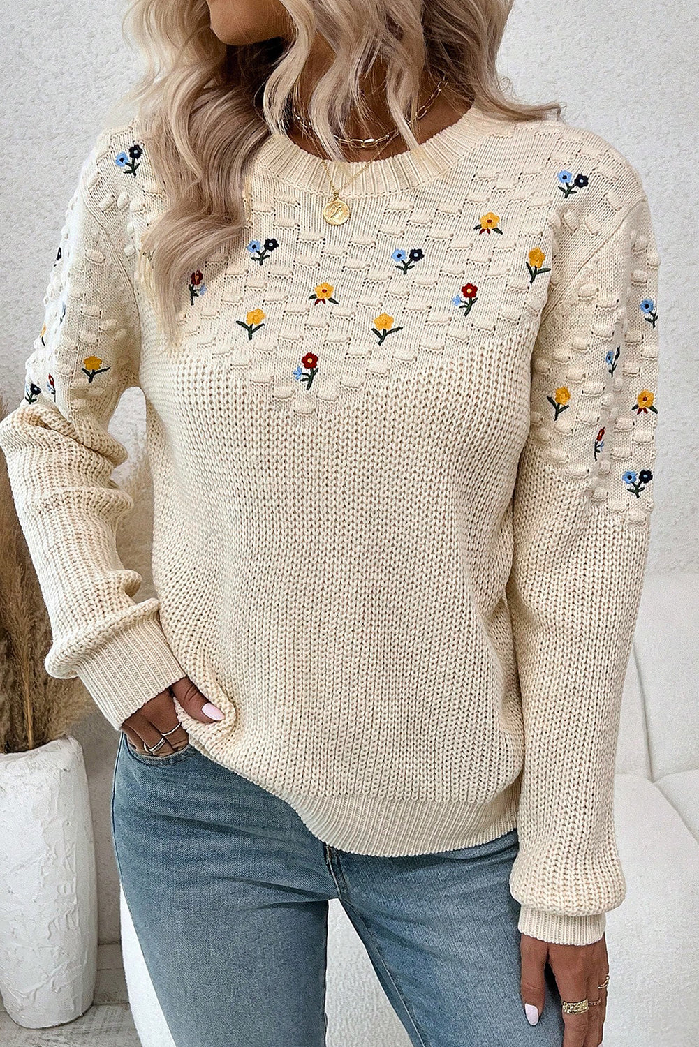 Jet Stream Mixed Texture Knit Flower Embroidered Detail Casual Sweater-TOPS / DRESSES-[Adult]-[Female]-2022 Online Blue Zone Planet