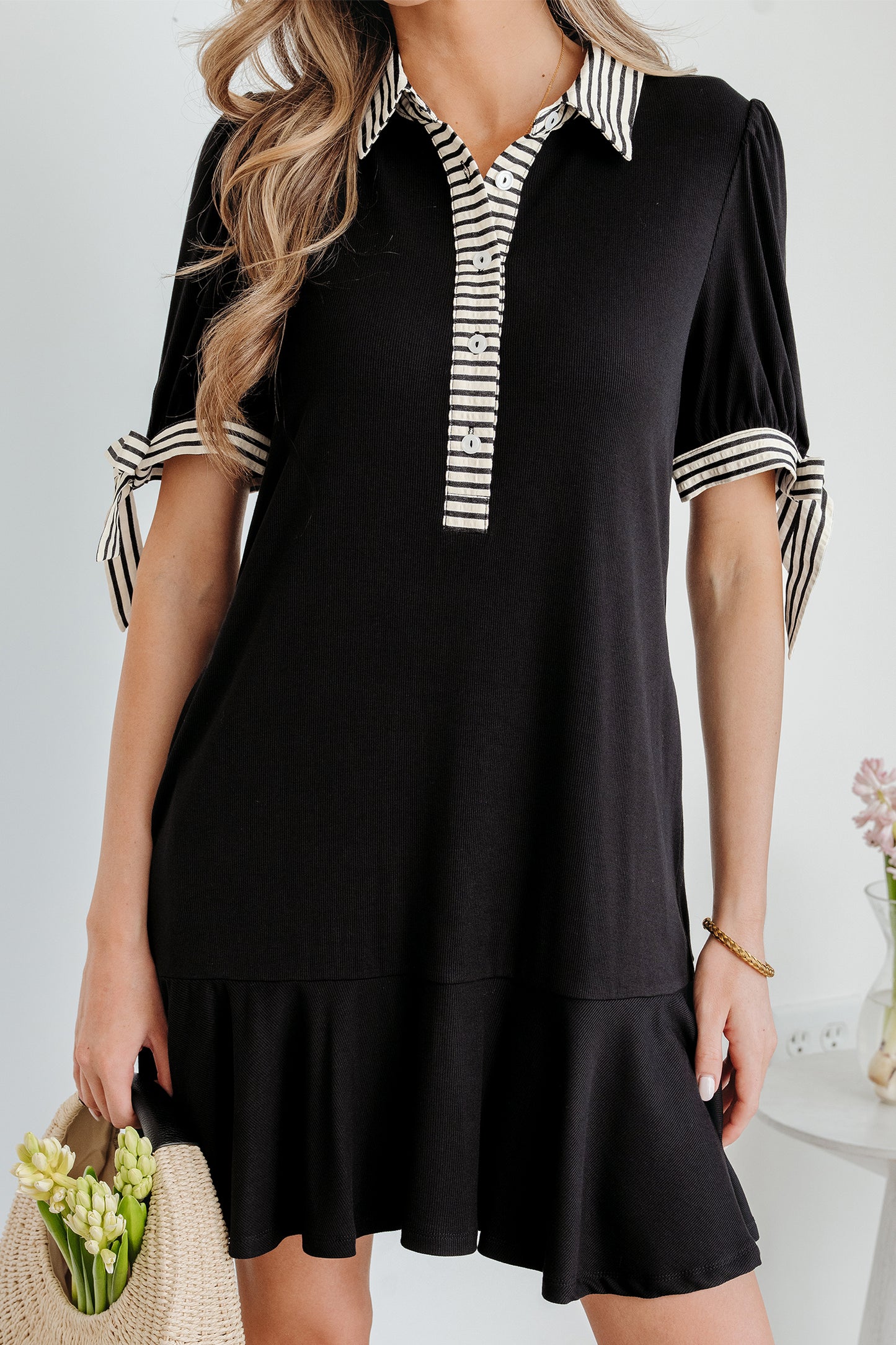Black Stripe Detail Polo Collar Half Buttons Tied Short Sleeve Shift Mini Dress-TOPS / DRESSES-[Adult]-[Female]-2022 Online Blue Zone Planet