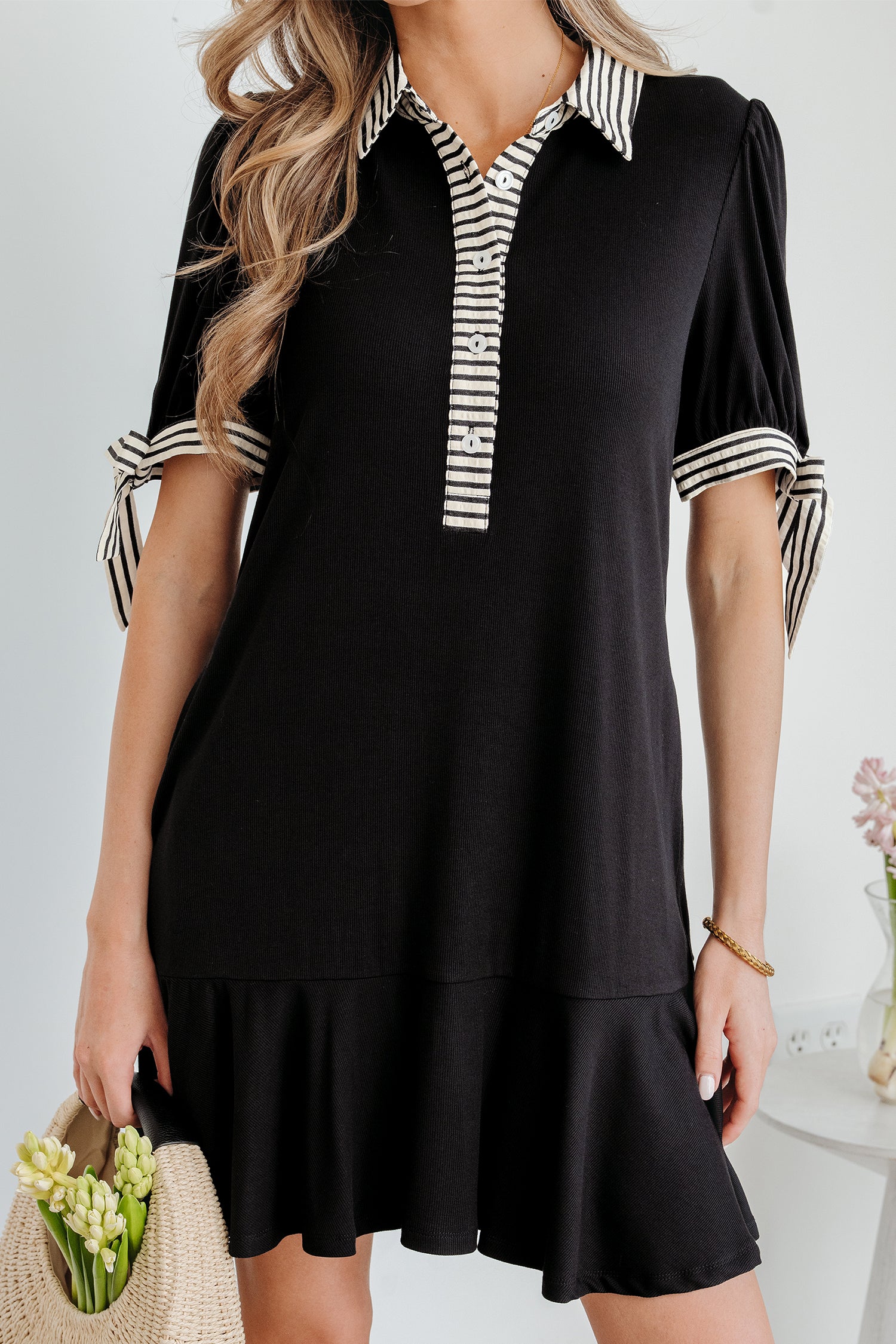 Black Stripe Detail Polo Collar Half Buttons Tied Short Sleeve Shift Mini Dress-TOPS / DRESSES-[Adult]-[Female]-2022 Online Blue Zone Planet