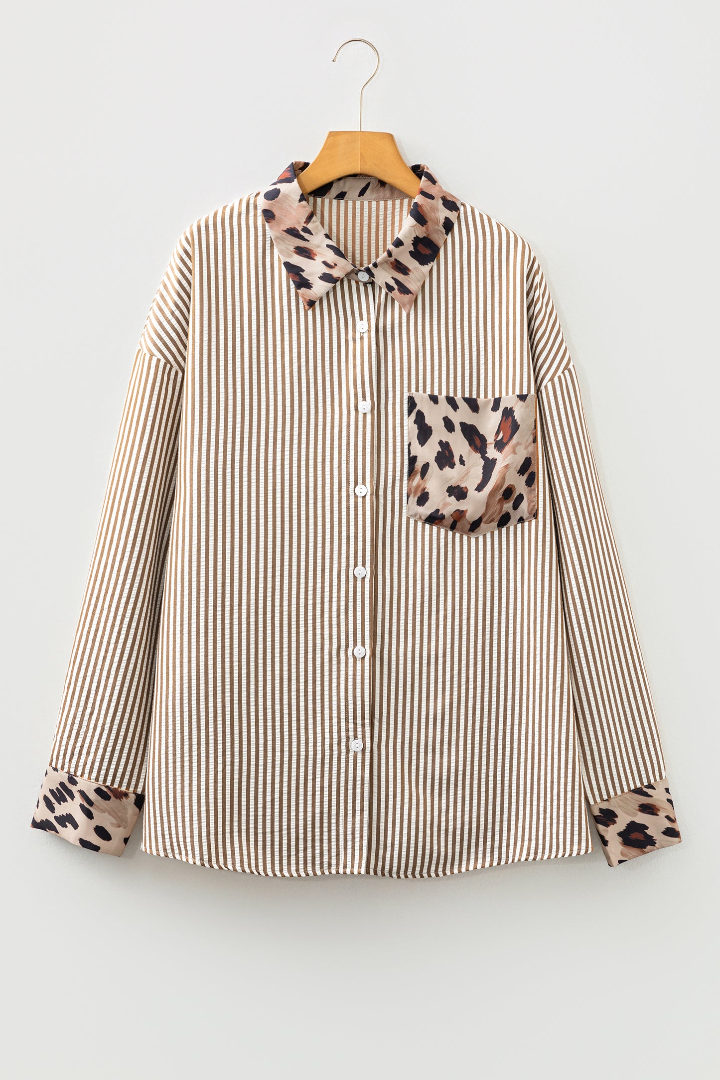 Brown Stripe Leopard Patched Collared Chest Pocket Cuffed Long Sleeve Plus Size Shirt-Plus Size/Plus Size Tops/Plus Size Blouses & Shirts-[Adult]-[Female]-2022 Online Blue Zone Planet