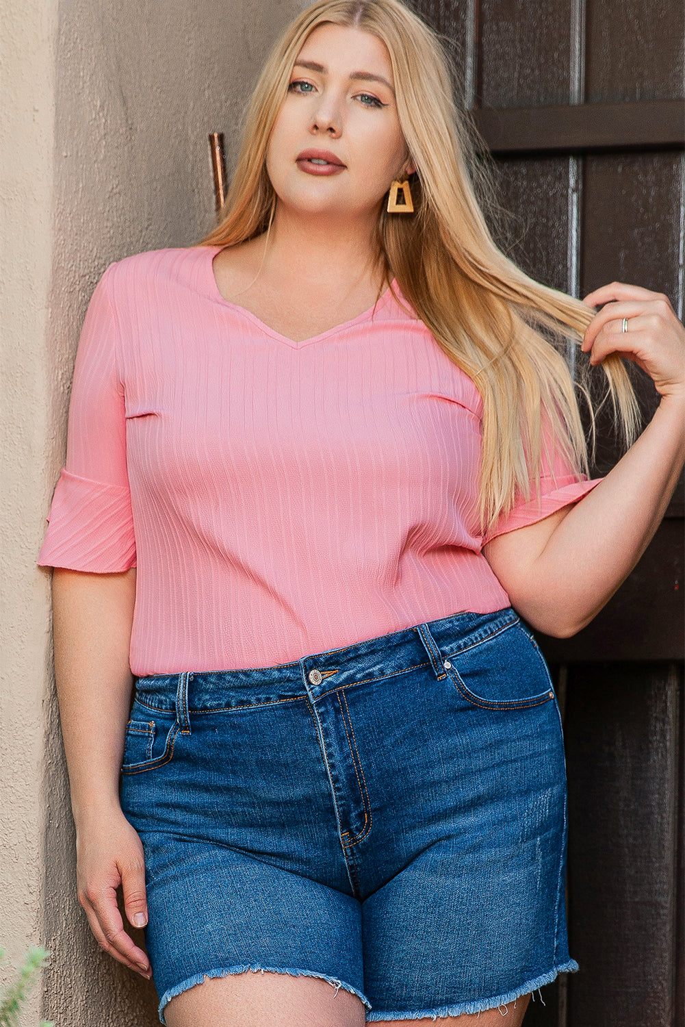 Peach Blossom Ruffled Half Sleeve V Neck Textured Plus Top-Plus Size/Plus Size Tops/Plus Size Blouses & Shirts-[Adult]-[Female]-2022 Online Blue Zone Planet