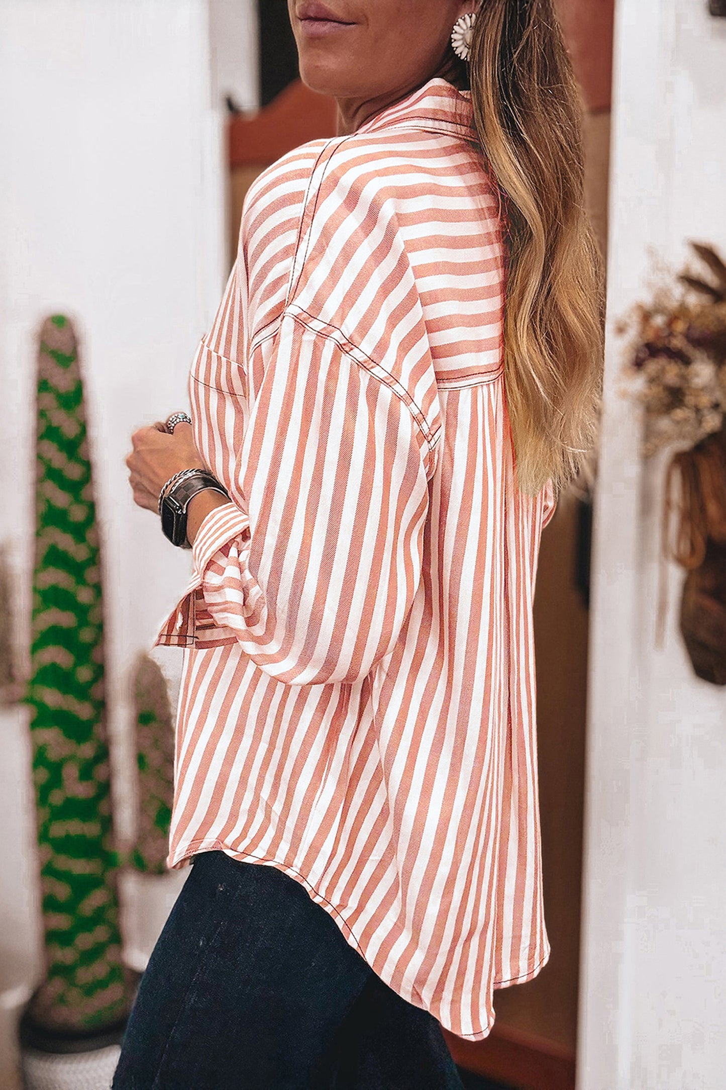 Brown Stripe Western Button Down Long Sleeve Casual Shirt-Tops/Blouses & Shirts-[Adult]-[Female]-2022 Online Blue Zone Planet
