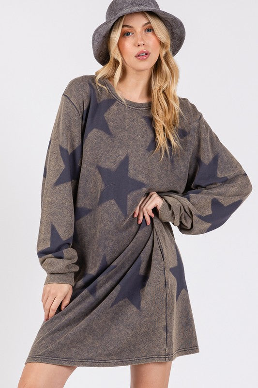 Blue Zone Planet | SAGE + FIG Washed Star Print Round Neck Dress-TOPS / DRESSES-[Adult]-[Female]-2022 Online Blue Zone Planet