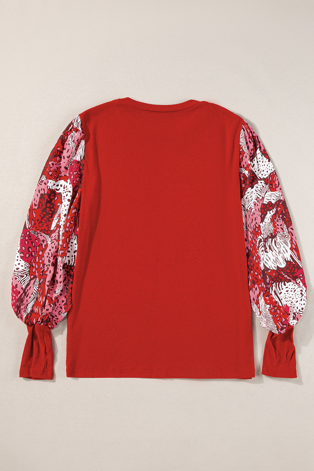 Fiery Red Contrast Mixed Animal Print Lantern Sleeve Patchwork Top-Tops/Long Sleeve Tops-[Adult]-[Female]-2022 Online Blue Zone Planet