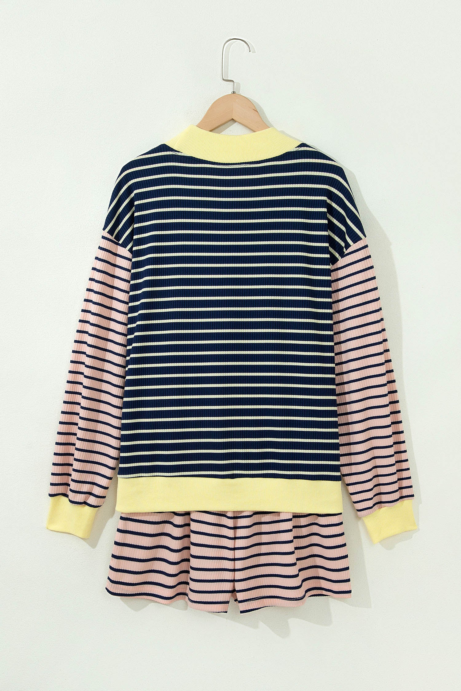 Blue Stripe Color Block Long Sleeve Pullover Ribbed Knit Casual Shorts Set-Two Piece Sets/Short Sets-[Adult]-[Female]-2022 Online Blue Zone Planet