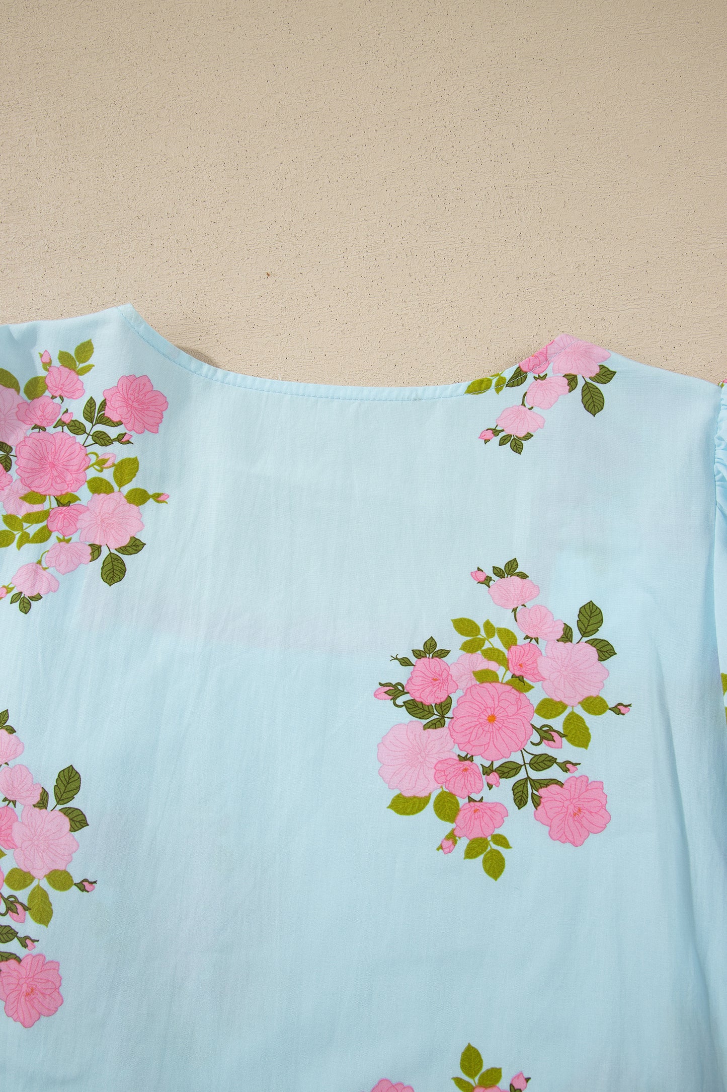 Sky Blue Floral Printed Contrast Ricrac Detail Bubble Sleeve Blouse-Tops/Blouses & Shirts-[Adult]-[Female]-2022 Online Blue Zone Planet