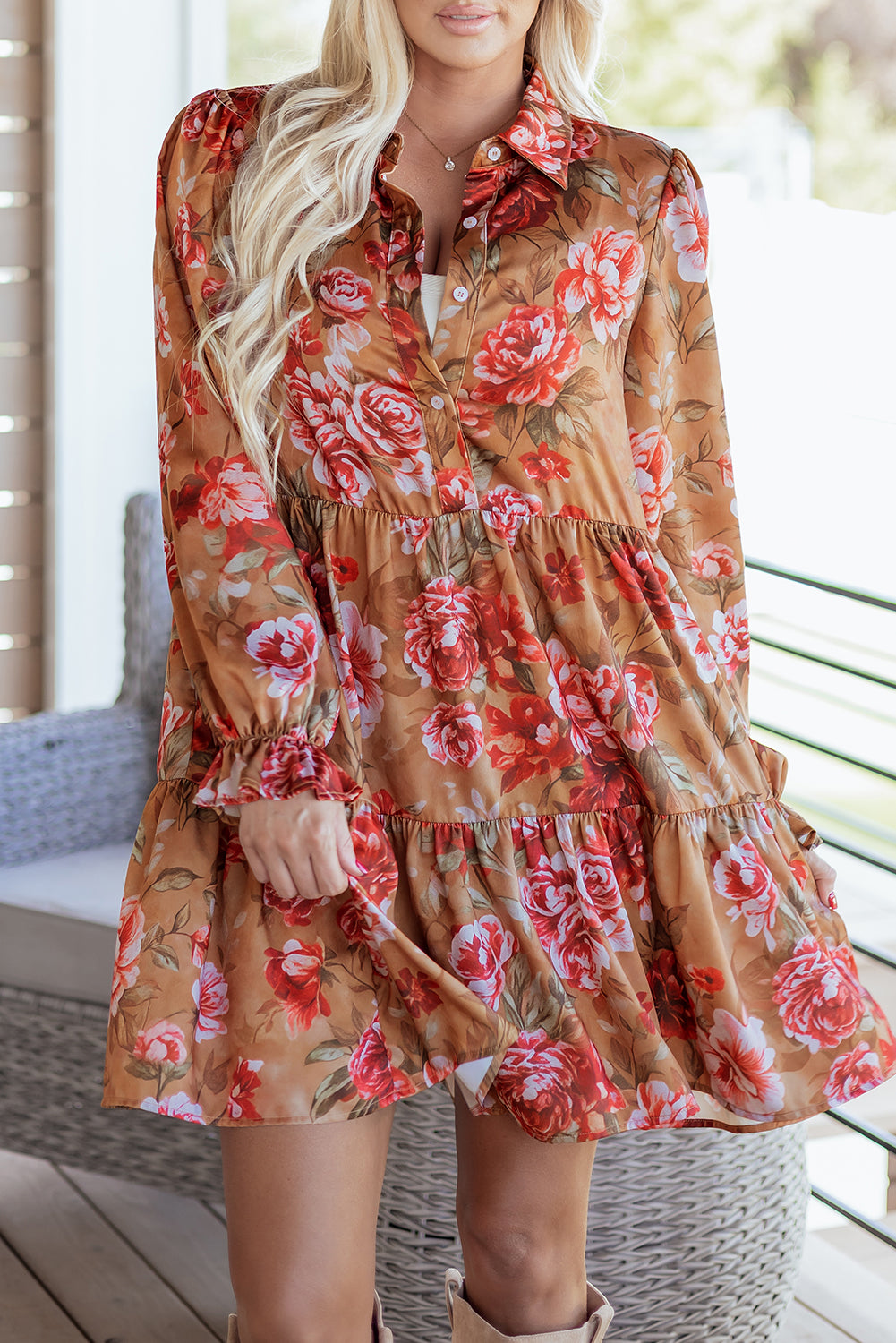 Brown Vintage Floral Print Shirt Style Half Button Long Sleeve Ruffle Mini Dress-Dresses/Floral Dresses-[Adult]-[Female]-2022 Online Blue Zone Planet