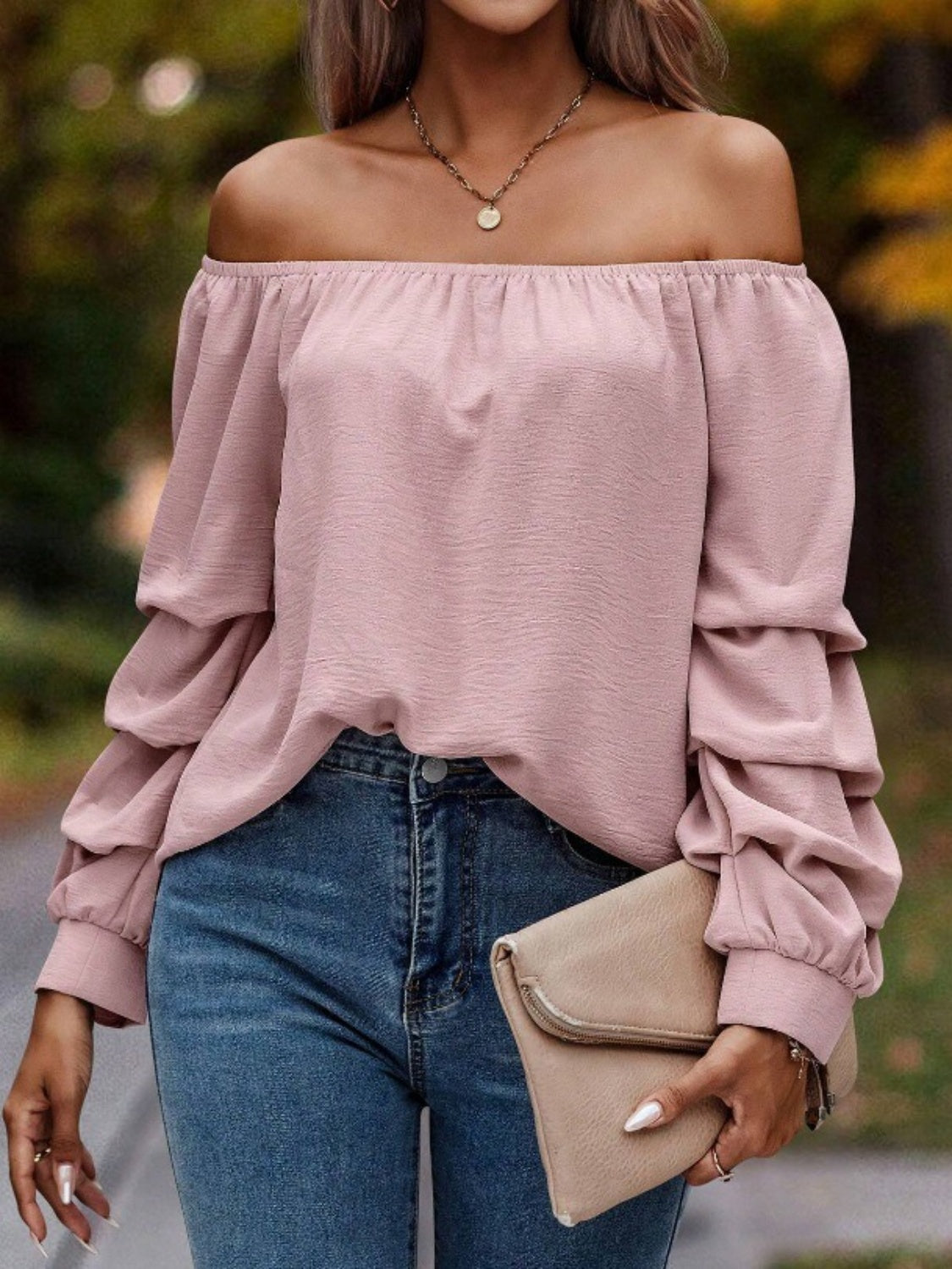 Ruched Off-Shoulder Long Sleeve Blouse-TOPS / DRESSES-[Adult]-[Female]-Dusty Pink-S-2022 Online Blue Zone Planet