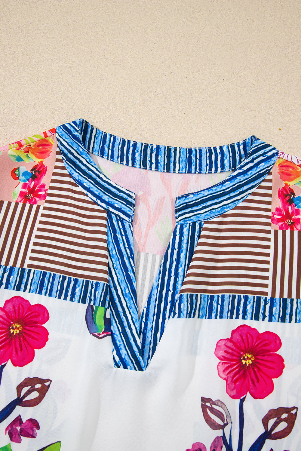 Pink Floral Striped Patchwork Short Sleeve Split Neck Blouse-Tops/Blouses & Shirts-[Adult]-[Female]-2022 Online Blue Zone Planet