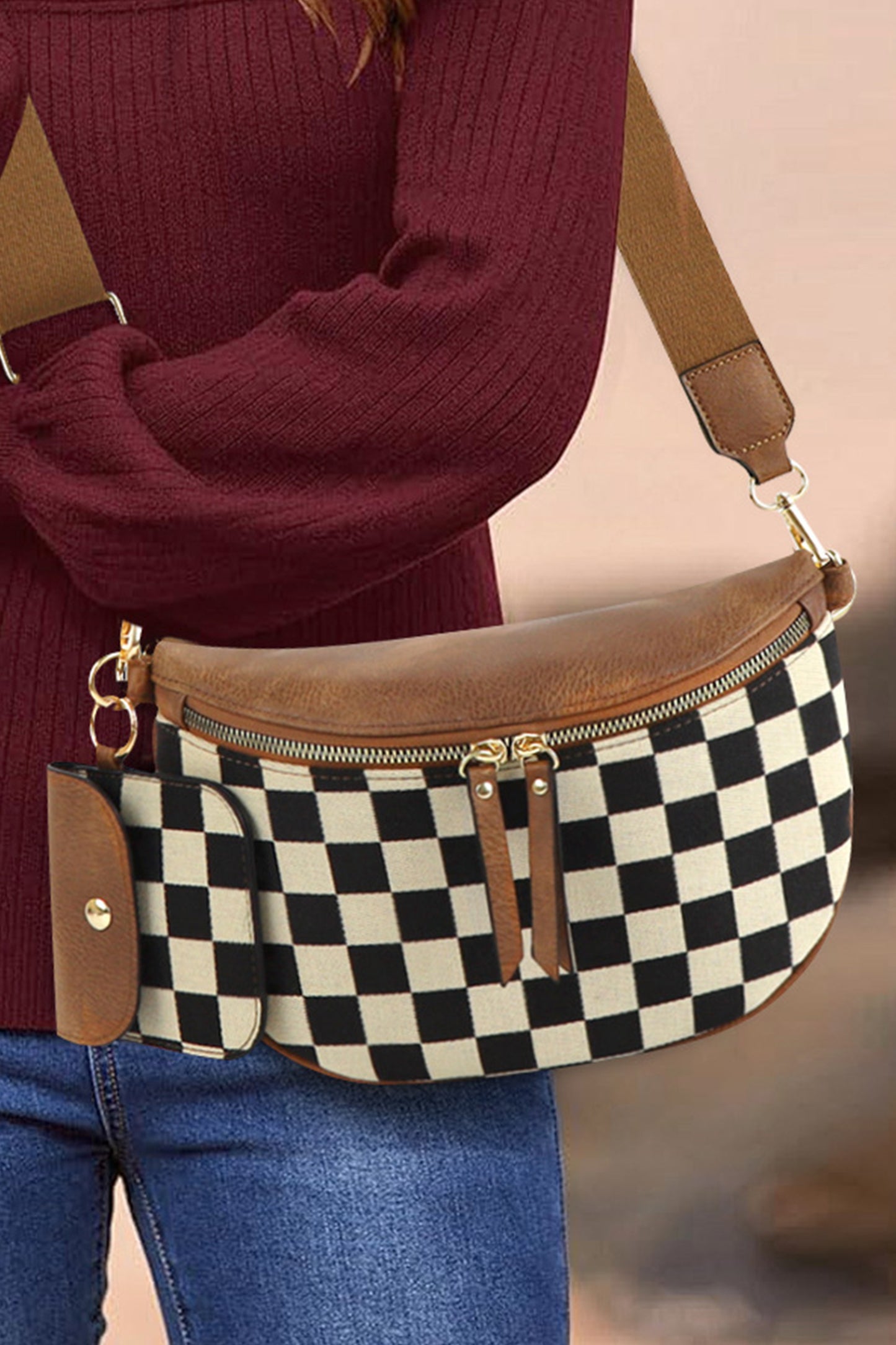 Coffee PU Leather Checkered Knit Patchwork Wallet Attached Shoulder Bag-Shoes & Bags/Shoulder Bags-[Adult]-[Female]-Coffee-ONE SIZE-2022 Online Blue Zone Planet