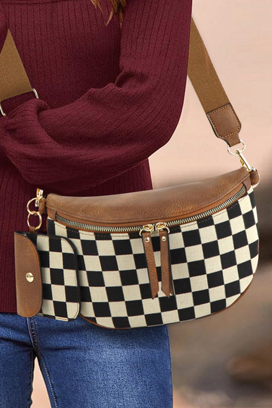 Coffee PU Leather Checkered Knit Patchwork Wallet Attached Shoulder Bag-Shoes & Bags/Shoulder Bags-[Adult]-[Female]-Coffee-ONE SIZE-2022 Online Blue Zone Planet
