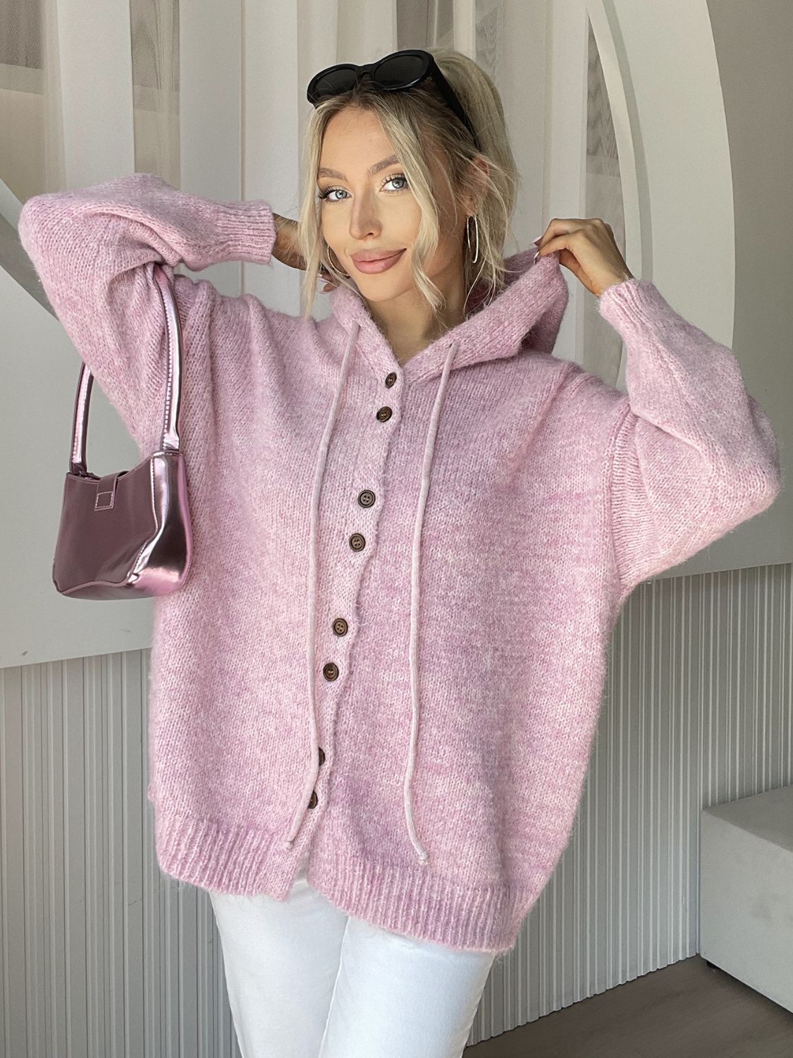 Drawstring Button Down Hooded Cardigan-TOPS / DRESSES-[Adult]-[Female]-Dusty Pink-One Size-2022 Online Blue Zone Planet