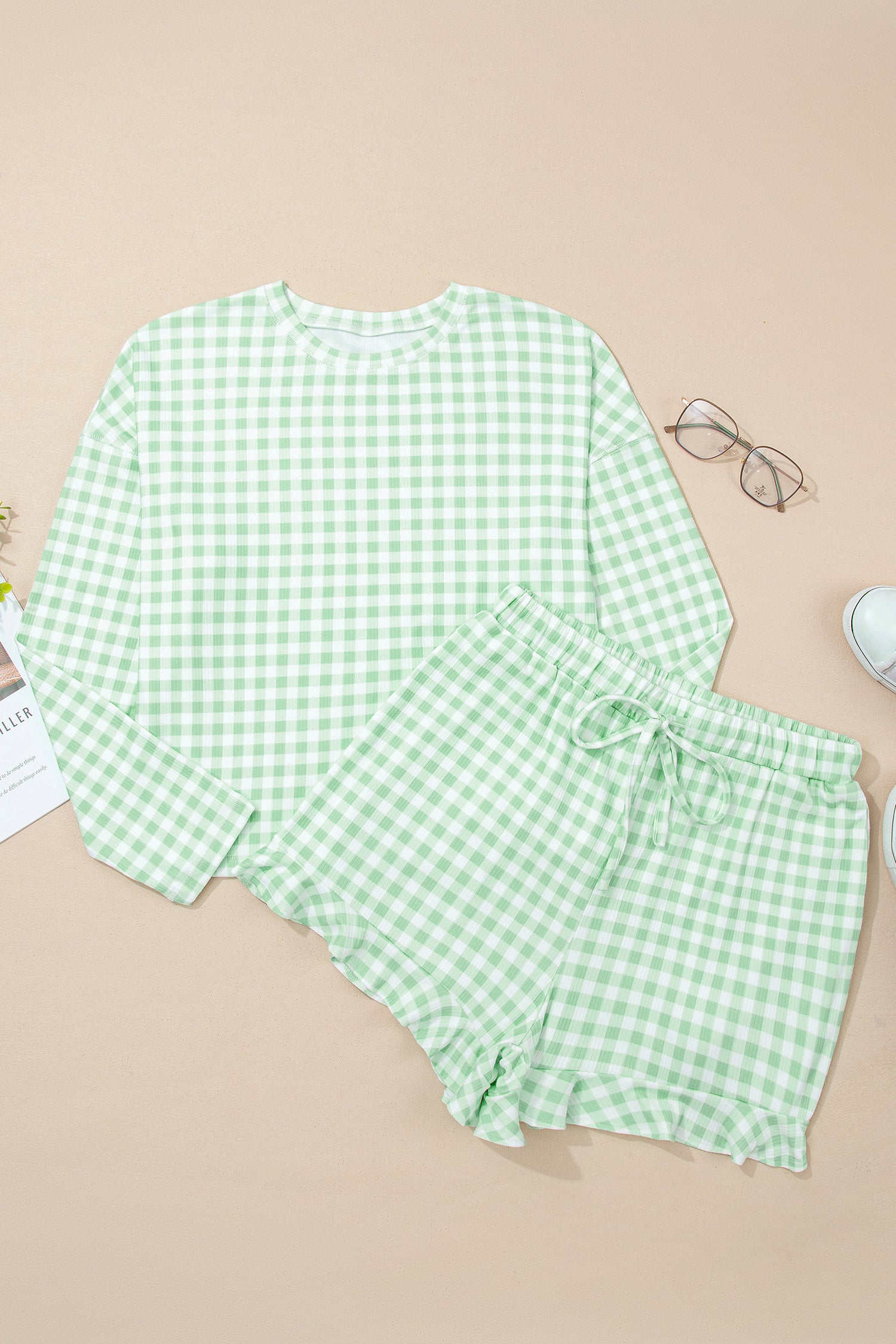 Green Gingham Long Sleeve Loose Top Drawstring Shorts 2pcs Lounge Set-Loungewear & Sleepwear/Loungewear-[Adult]-[Female]-2022 Online Blue Zone Planet