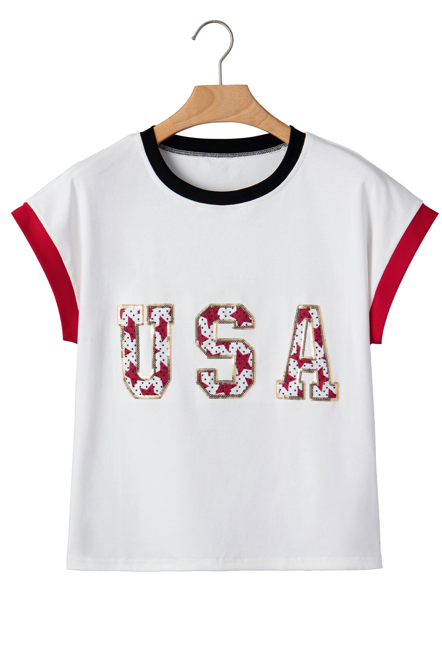 White Usa Sequin Color Block Trim Loose T Shirt-Tops/Tops & Tees-[Adult]-[Female]-2022 Online Blue Zone Planet