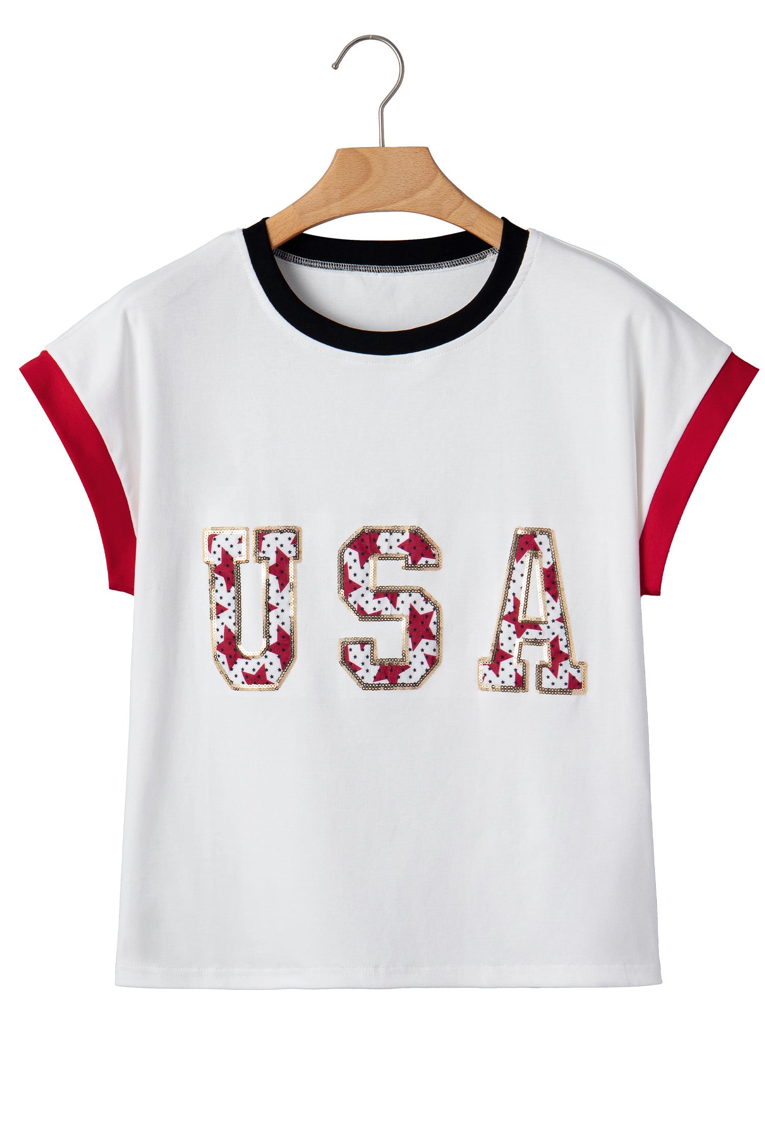 White Usa Sequin Color Block Trim Loose T Shirt-Tops/Tops & Tees-[Adult]-[Female]-2022 Online Blue Zone Planet