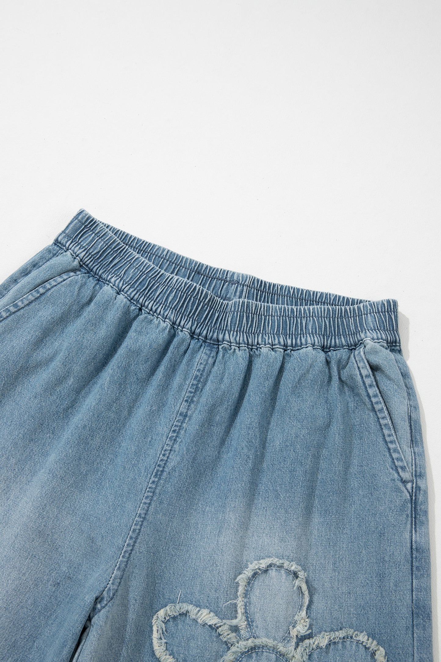 Beau Blue Frayed Floral Patch Wide Leg Raw Hem Wide Leg Jeans-Bottoms/Jeans-[Adult]-[Female]-2022 Online Blue Zone Planet
