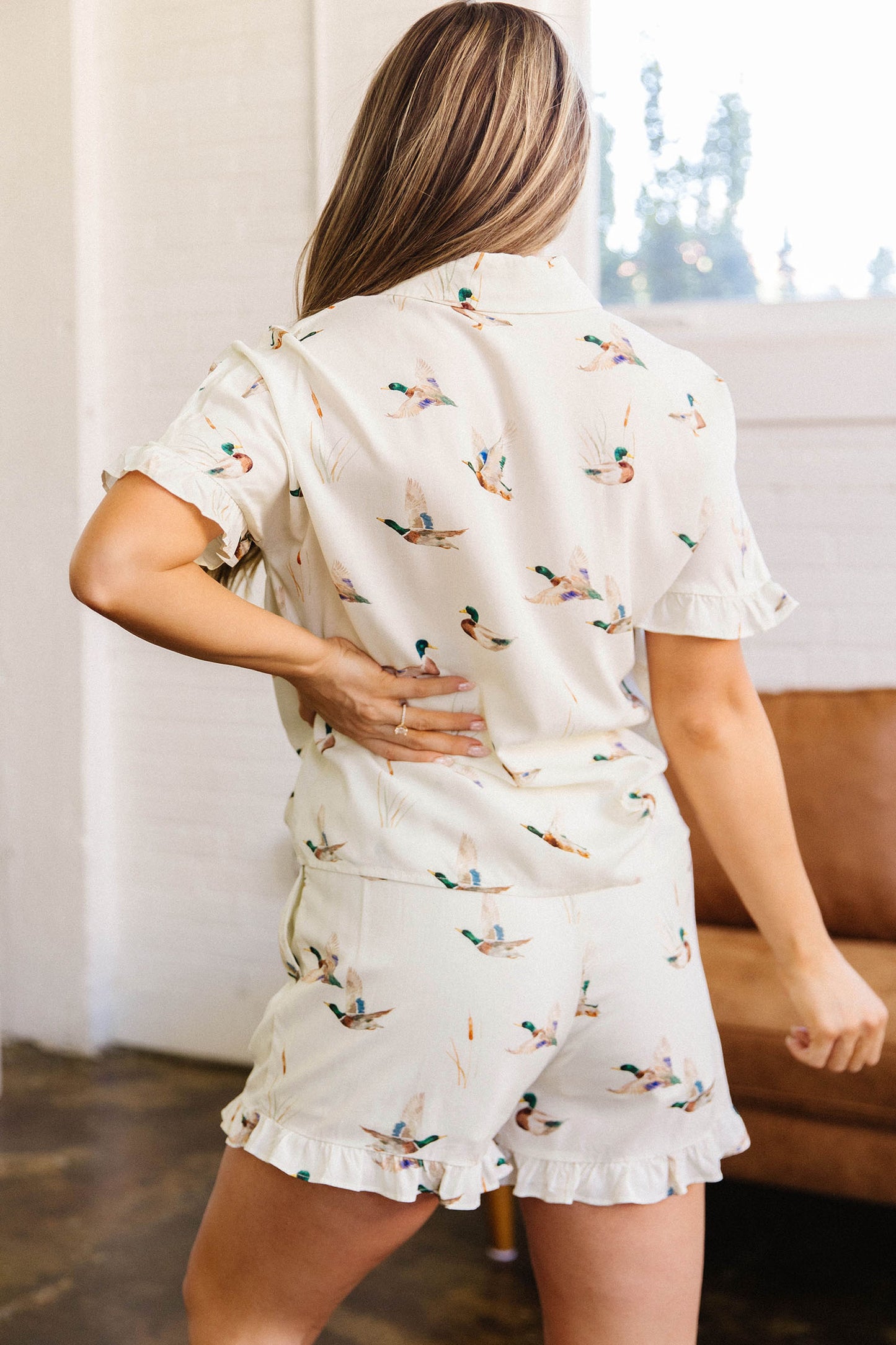 Beige Mallard Print Shirt Style Short Two Piece Set-Two Piece Sets/Short Sets-[Adult]-[Female]-2022 Online Blue Zone Planet