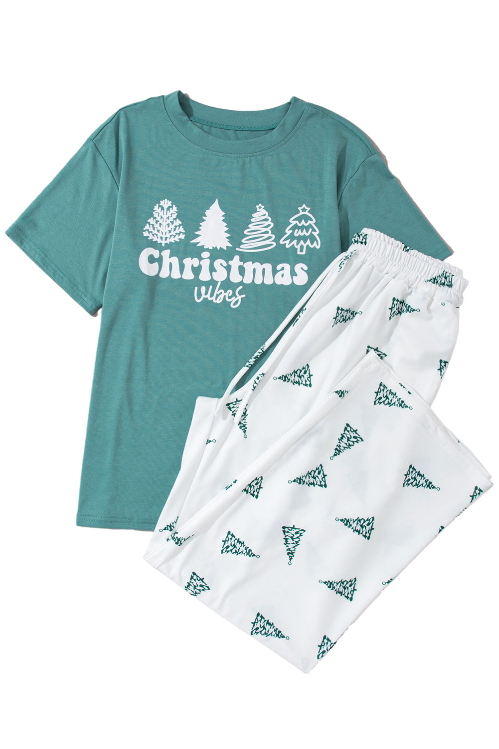 Green Christmas Tree Print Tee & White Pants Loungewear Set-Loungewear Set-[Adult]-[Female]-2022 Online Blue Zone Planet