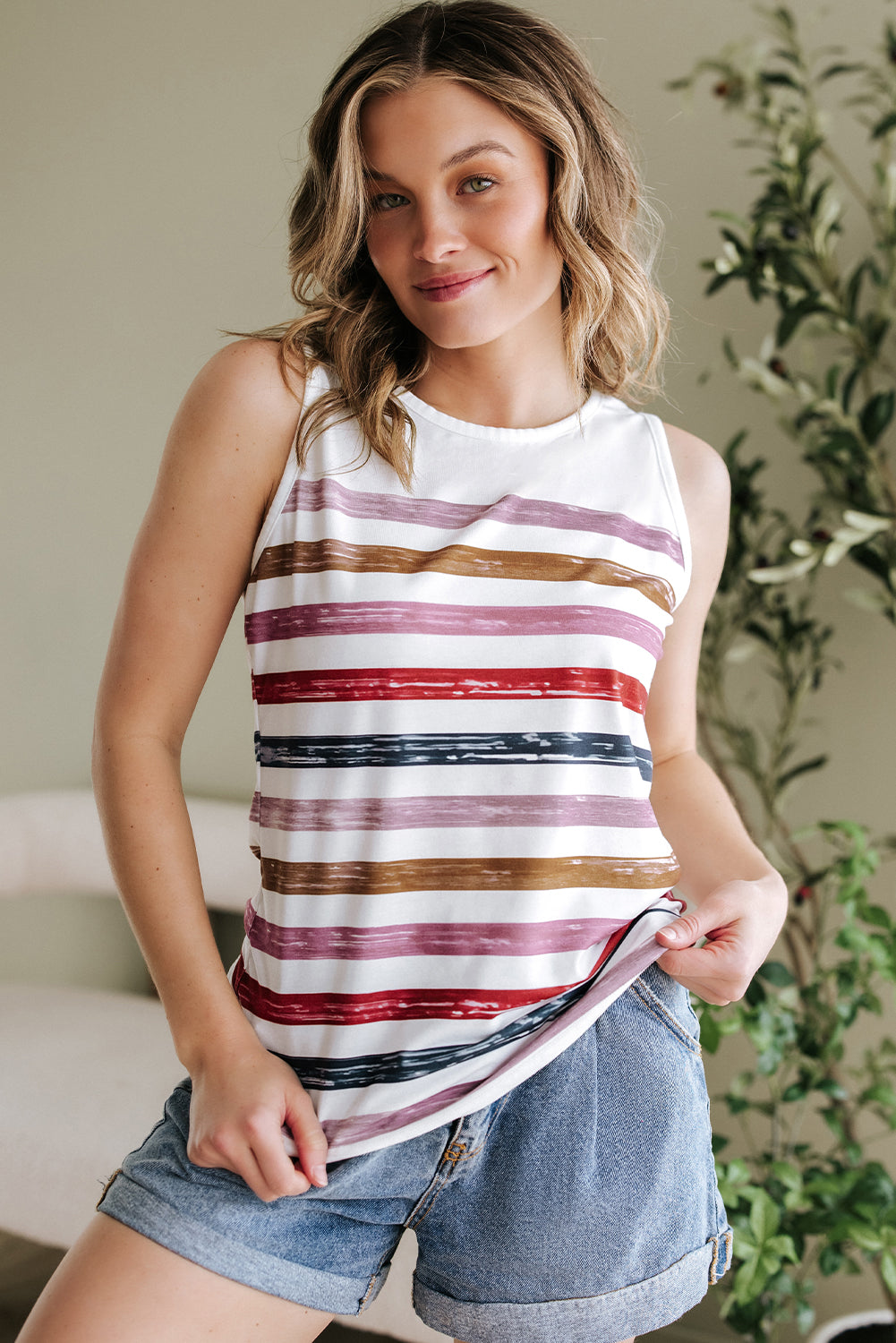 Red Stripe Rainbow Round Neck Tank Top-Tops/Tank Tops-[Adult]-[Female]-2022 Online Blue Zone Planet