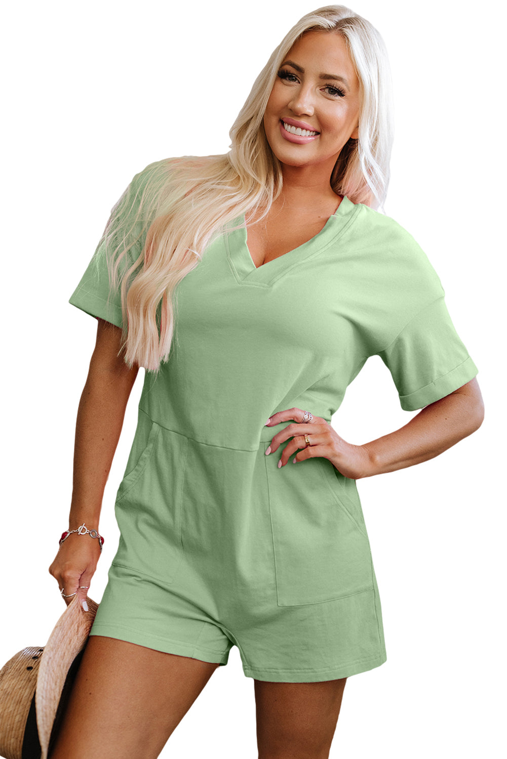 Grass Green Loose Half Sleeve V Neck Knit Romper-Bottoms/Jumpsuits & Rompers-[Adult]-[Female]-2022 Online Blue Zone Planet