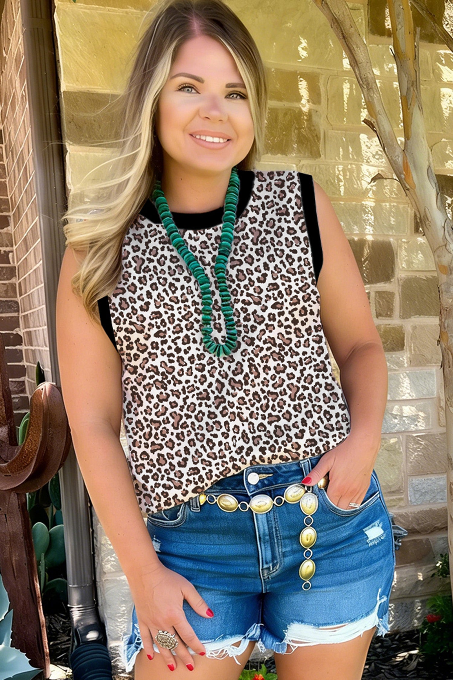 Khaki Contrast Trim Plus Size Leopard Vest-Plus Size/Plus Size Tops/Plus Size Tank Tops-[Adult]-[Female]-2022 Online Blue Zone Planet