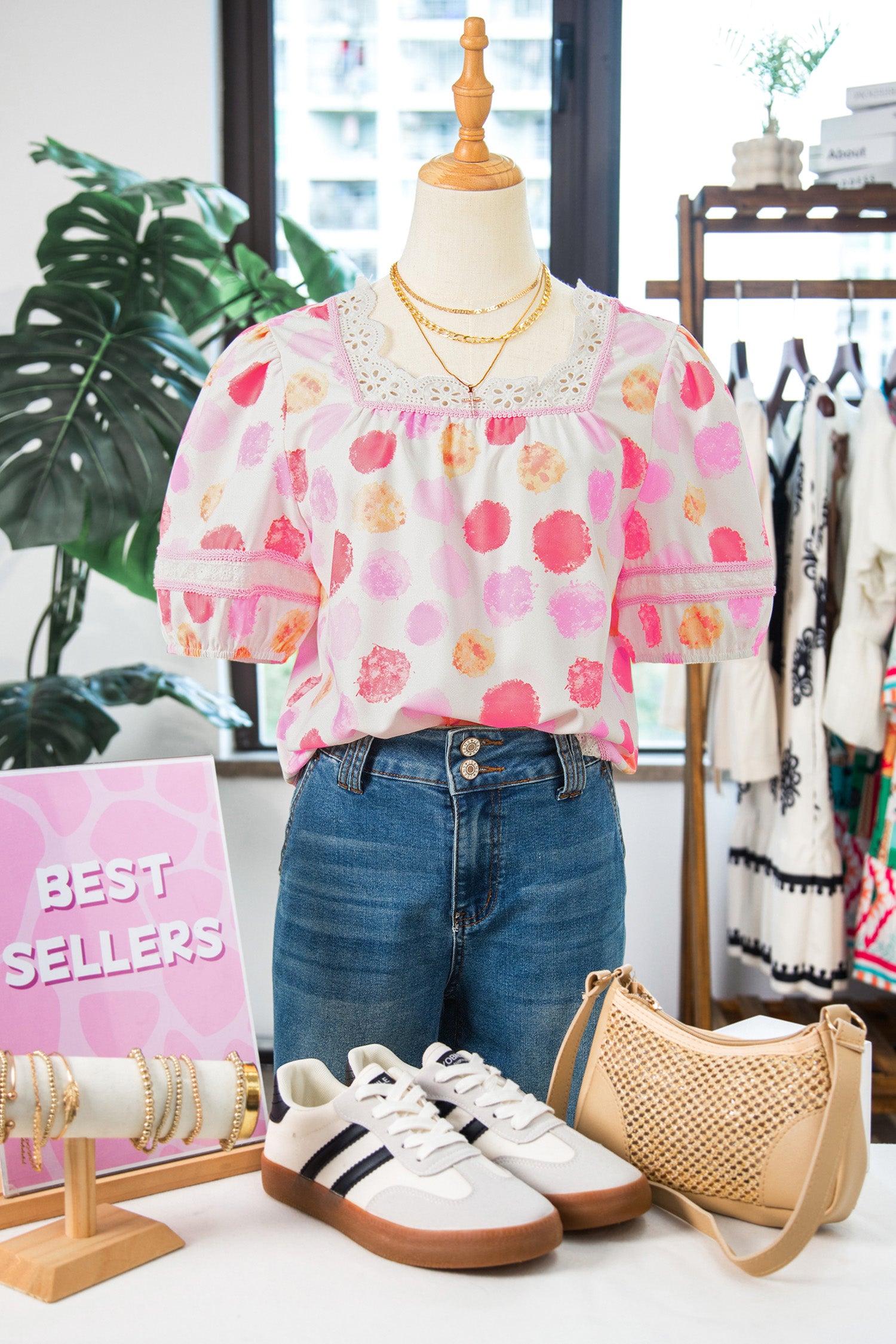 Pink Polka Dot Lace Trim Square Neck Puff Sleeve Blouse-Tops/Blouses & Shirts-[Adult]-[Female]-2022 Online Blue Zone Planet