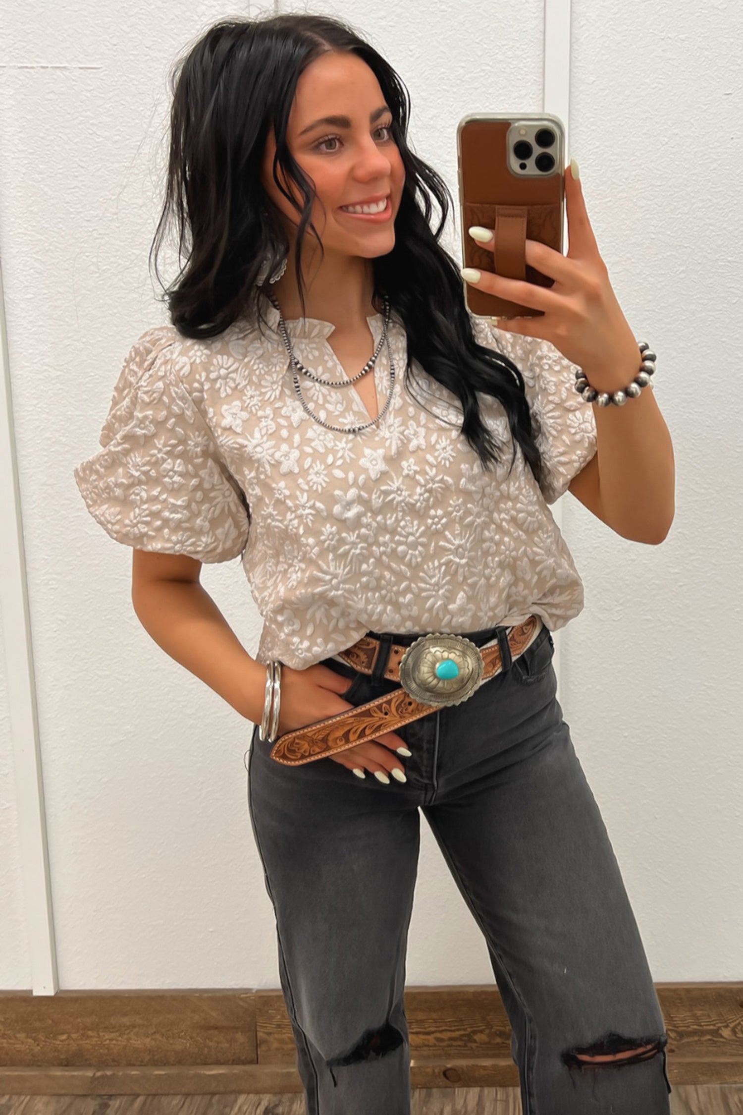 Iceland Blue Floral Textured Jacquard Puff Sleeve Blouse-Tops/Blouses & Shirts-[Adult]-[Female]-2022 Online Blue Zone Planet