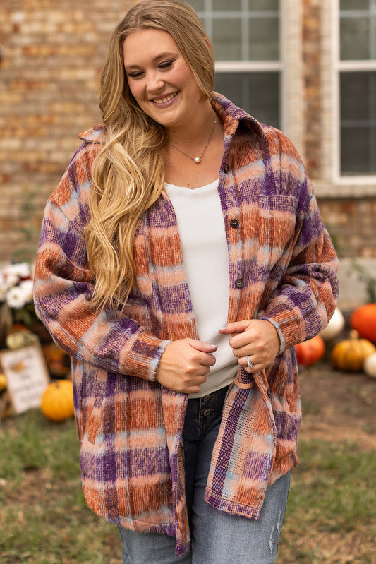 Multicolour Plus Size Plaid Print Collared Button up Jacket-Plus Size/Plus Size Outerwear-[Adult]-[Female]-Multicolour-1X-2022 Online Blue Zone Planet