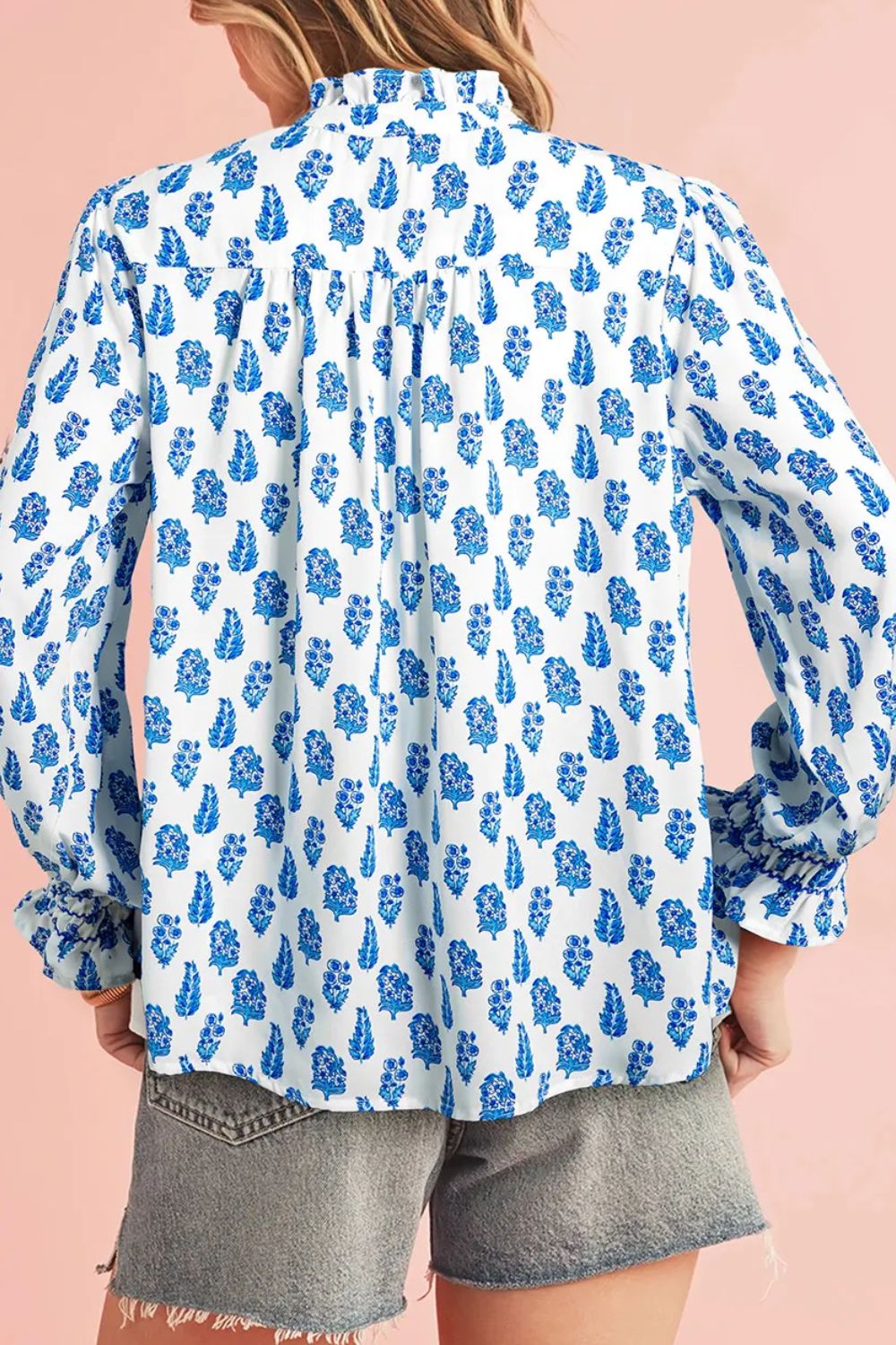 Frill Printed Button Up Long Sleeve Shirt-TOPS / DRESSES-[Adult]-[Female]-2022 Online Blue Zone Planet