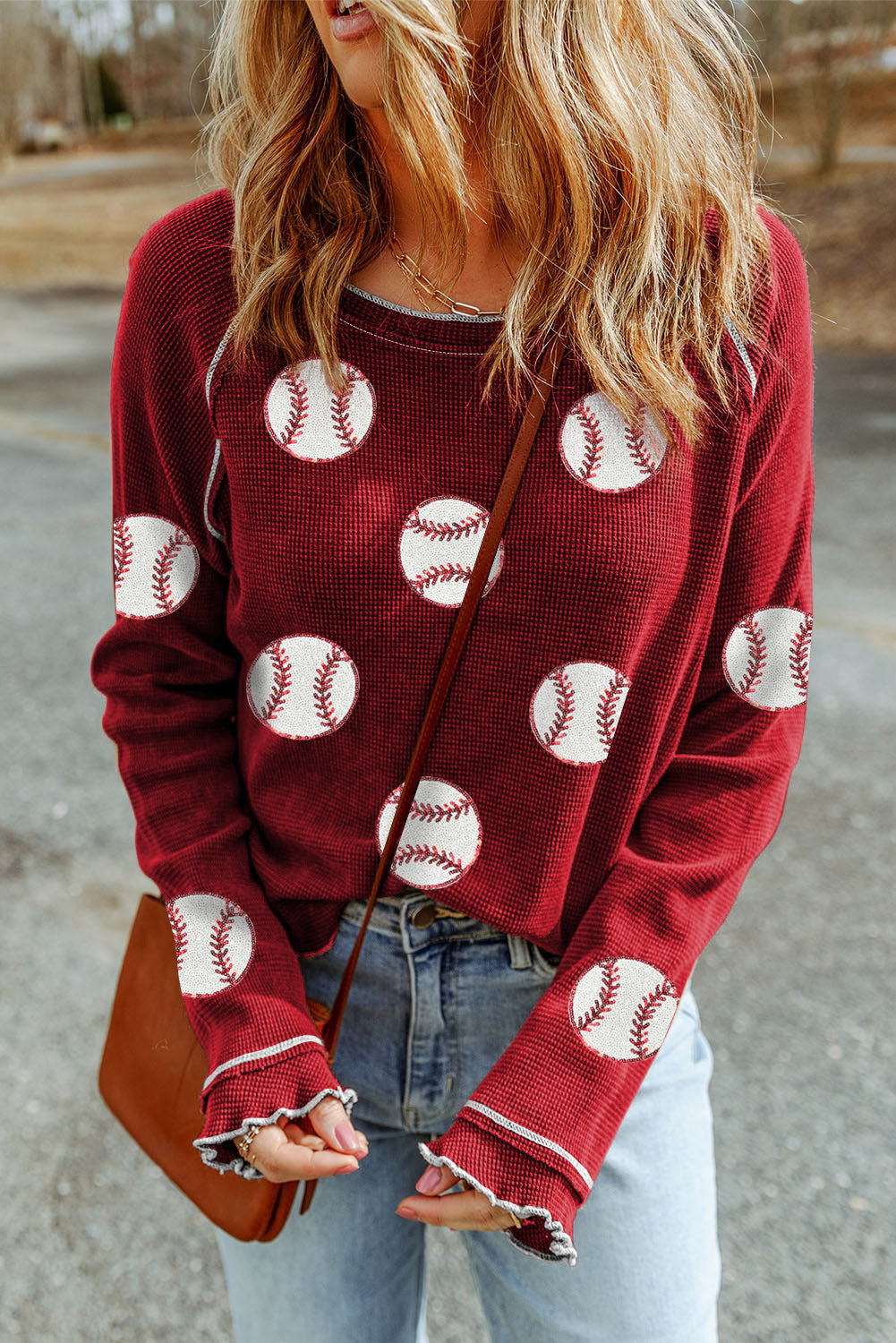 Red Baseball Patched Patterned Game Day Waffle Raglan Top-Graphic/Graphic Long Sleeve Tees-[Adult]-[Female]-2022 Online Blue Zone Planet