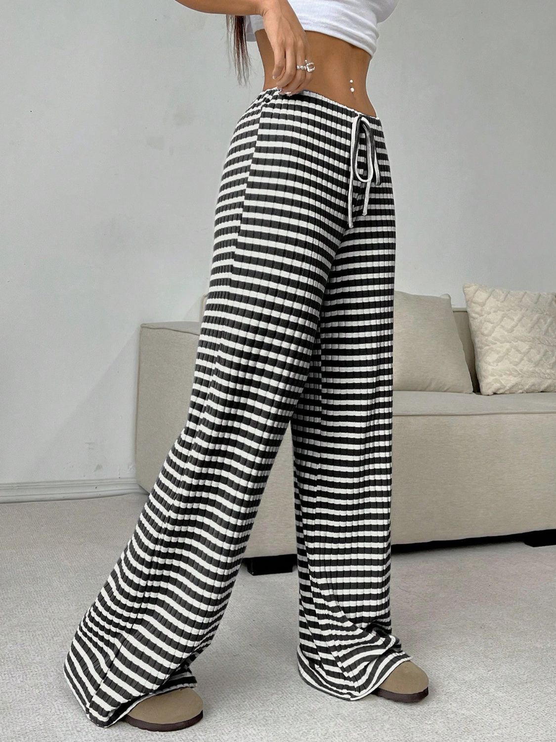 Blue Zone Planet | Tied Striped Wide Leg Pants-BOTTOMS SIZES SMALL MEDIUM LARGE-[Adult]-[Female]-2022 Online Blue Zone Planet