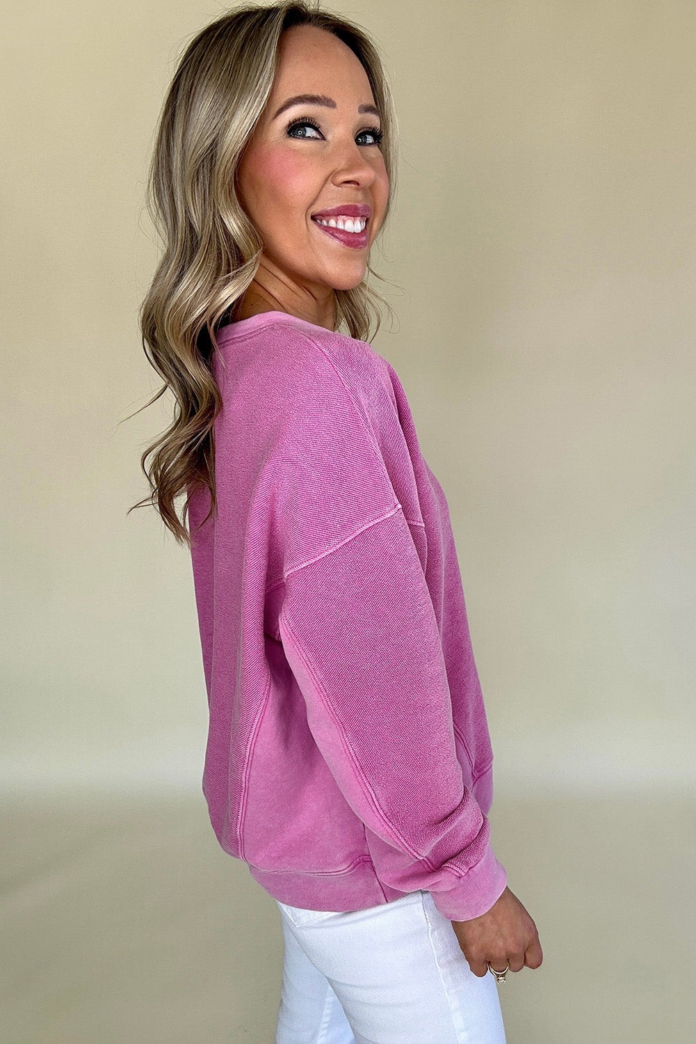 Blue Zone Planet | Bright Pink Solid Color Notched Neck Drop Shoulder Sweatshirt-Tops/Sweatshirts & Hoodies-[Adult]-[Female]-2022 Online Blue Zone Planet