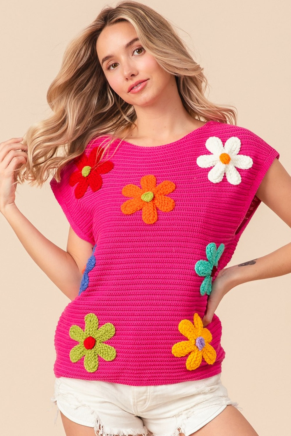 BiBi Flower Round Neck Cap Sleeve Knit Top-TOPS / DRESSES-[Adult]-[Female]-Fuchsia Multi-S-2022 Online Blue Zone Planet