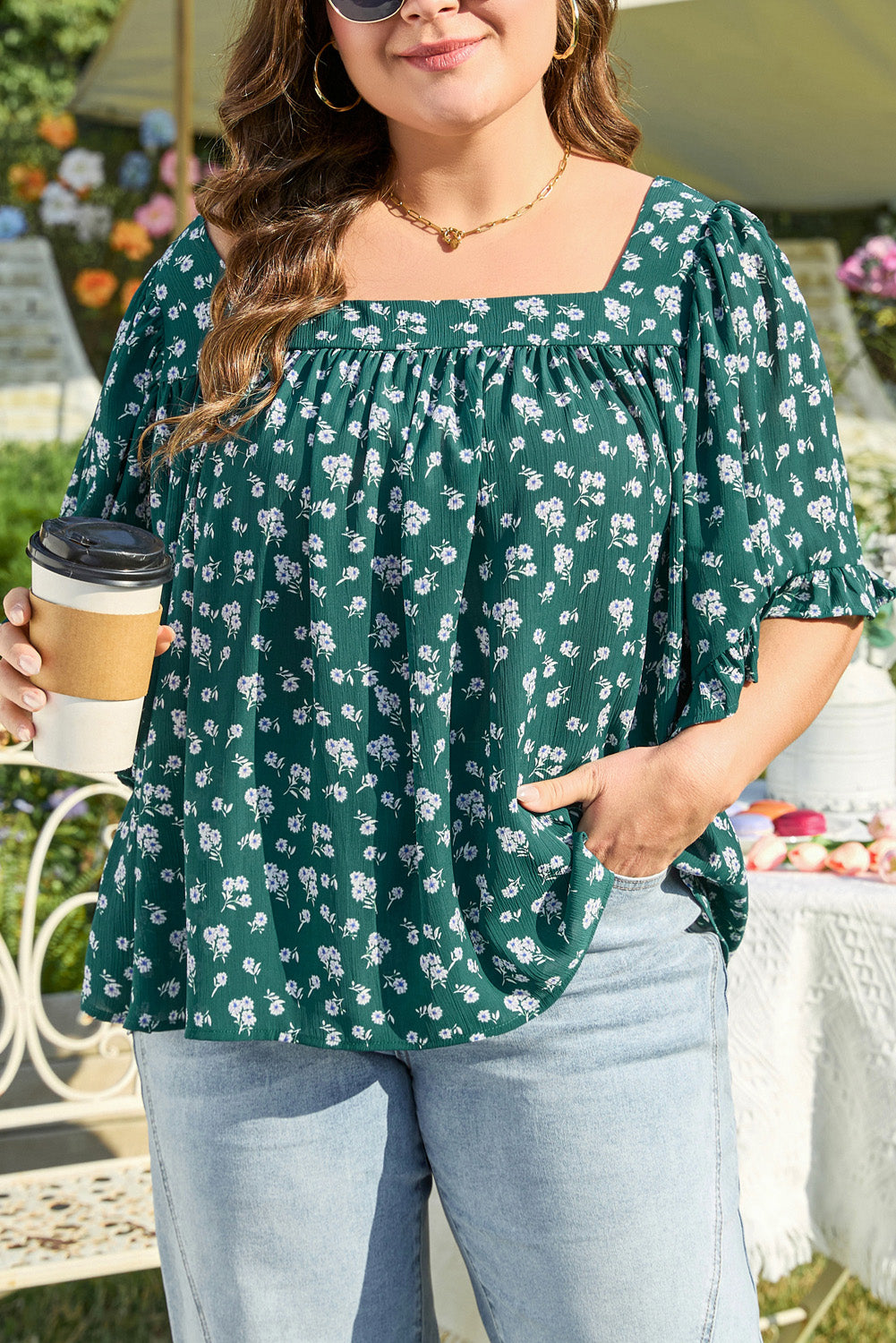 Green Floral Print Square Neck Ruffled Trim Plus Size Blouse-Plus Size/Plus Size Tops/Plus Size Blouses & Shirts-[Adult]-[Female]-2022 Online Blue Zone Planet