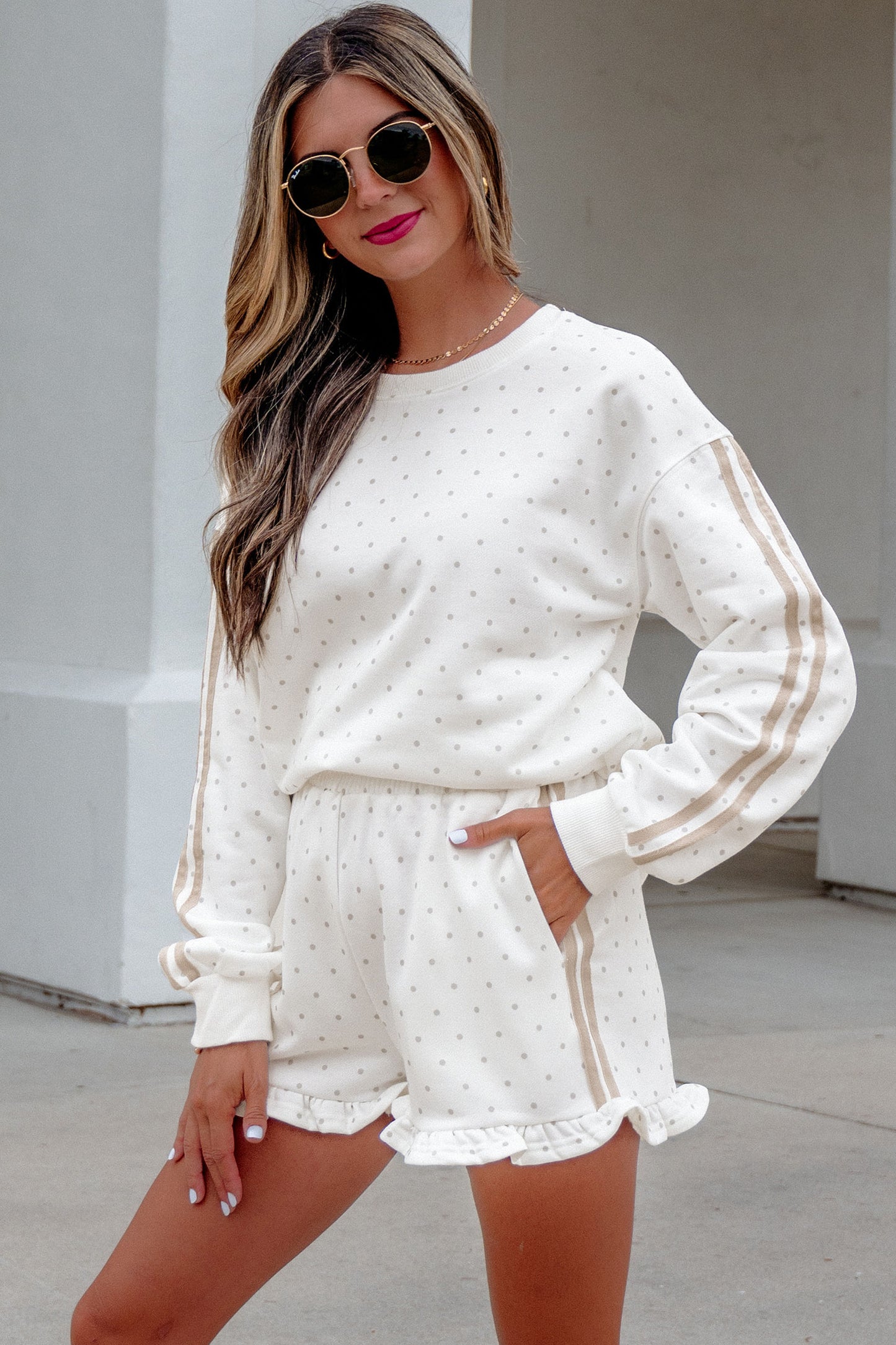 White Polka Dot Print Side Stripe Detail Casual Sweatshirt 2pcs Short Set-Two Piece Sets/Short Sets-[Adult]-[Female]-2022 Online Blue Zone Planet