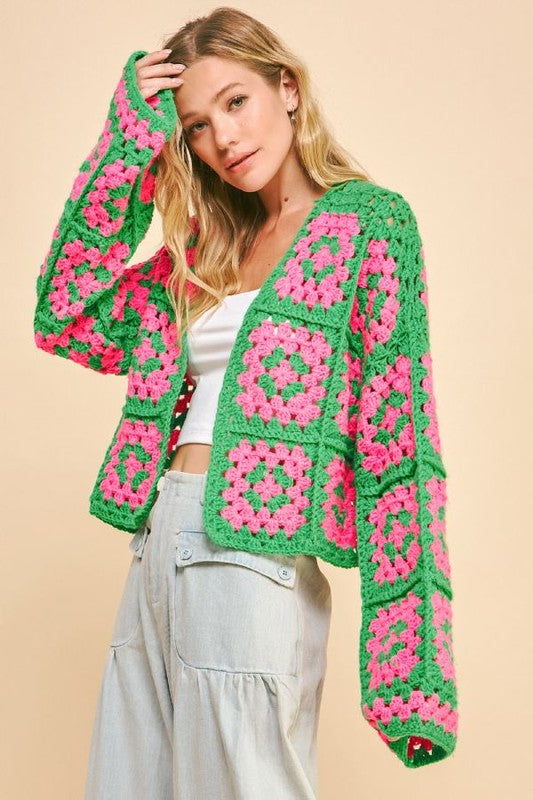 Blue Zone Planet | Davi & Dani Full Size Two Tone Flower Square Crochet Open Front Cardigan-TOPS / DRESSES-[Adult]-[Female]-PINK GREEN-S-2022 Online Blue Zone Planet